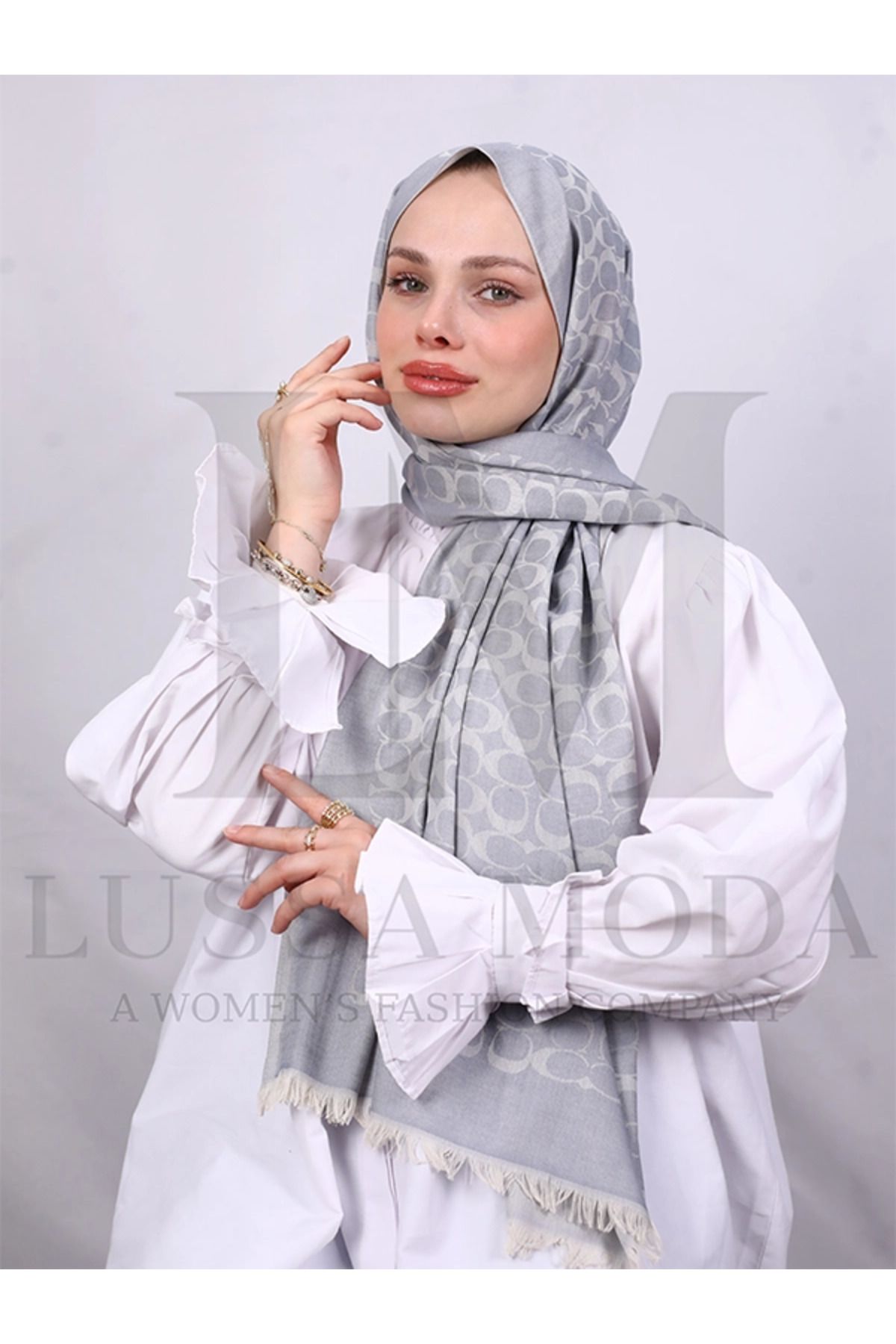 LUSSAMODA C DESENLİ ÇİFT TARAFLI PAMUK YÜN İPEK ŞAL