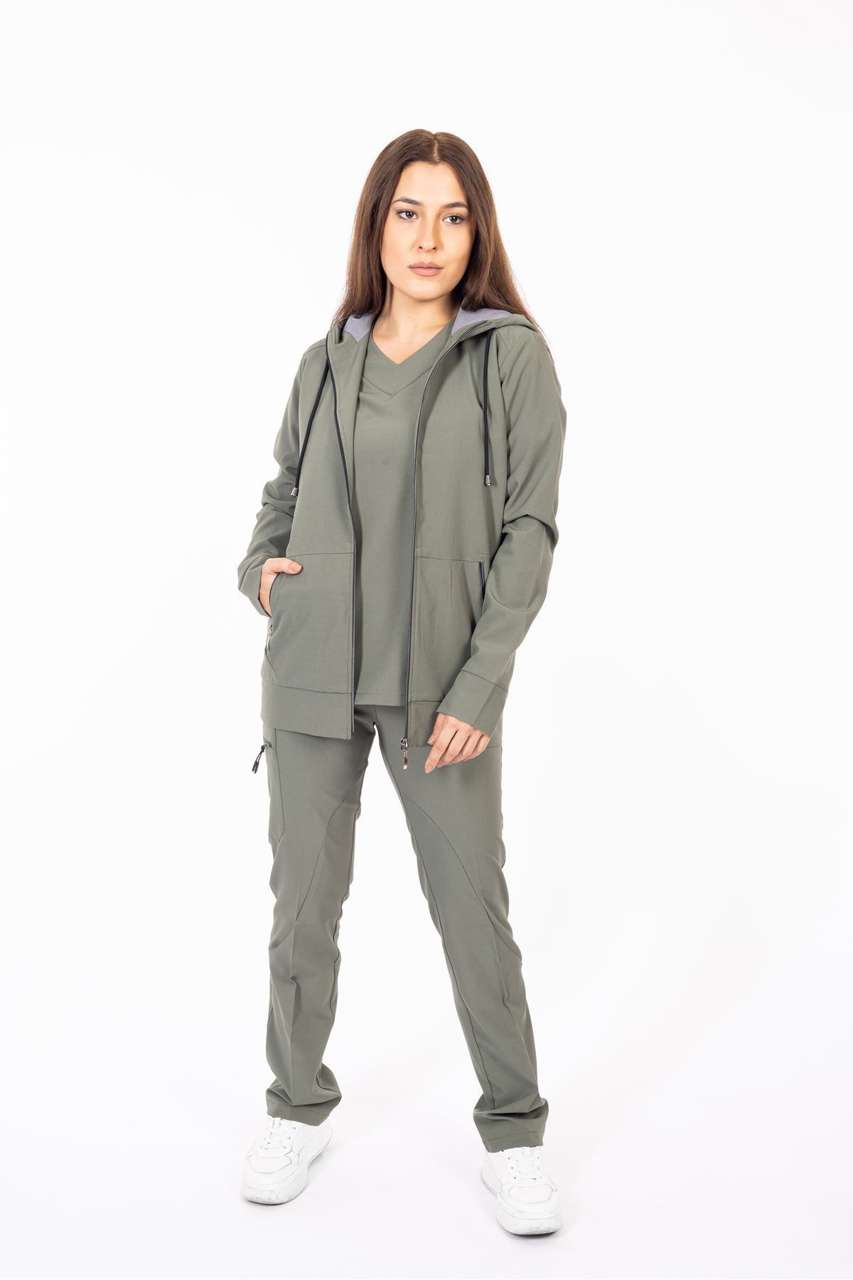 Onur Forma Scrubs Hood Comfort Kadın Kapüşonlu Takım - Haki