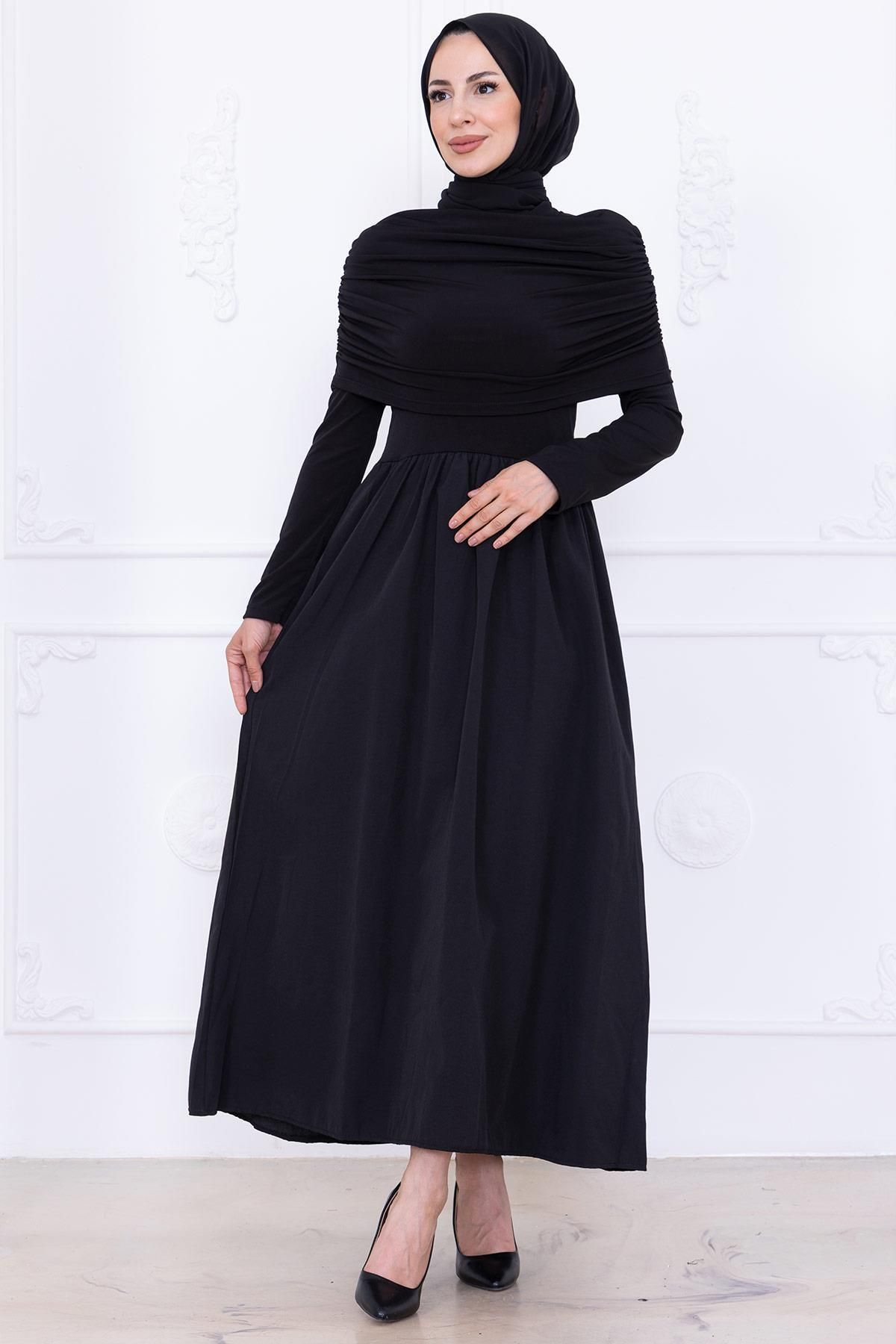 hafsamina Drapeli Elbise Siyah HM2780