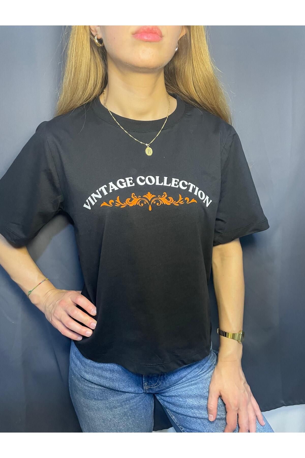 vintico Vintage Baskılı Bisiklet Yaka Basic T-shirt