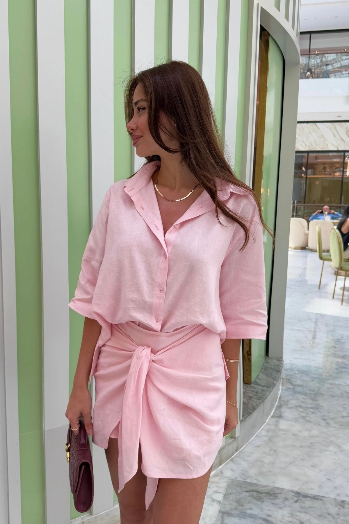 FMN Moda ham keten kumaş kısa kol düğmeli gömlek bağlama detay mini etek tasarım pinterest muadil takım