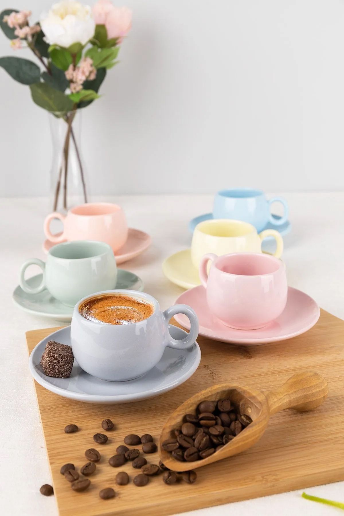 Selenica 6 Kişilik Pastel Renk Tombul Seramik Kahve Fincan Takımı 80 ml, Türk Kahvesi & Espresso Fincanı Seti