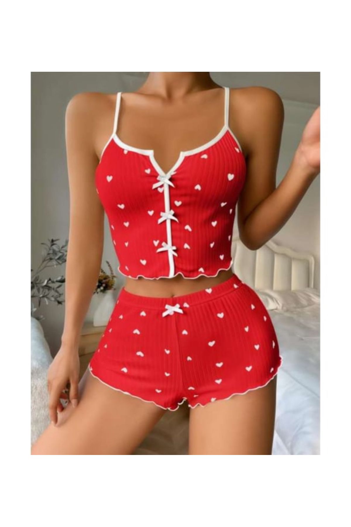MODA NUR Askılı Desenli Şortlu Pijama Takımı