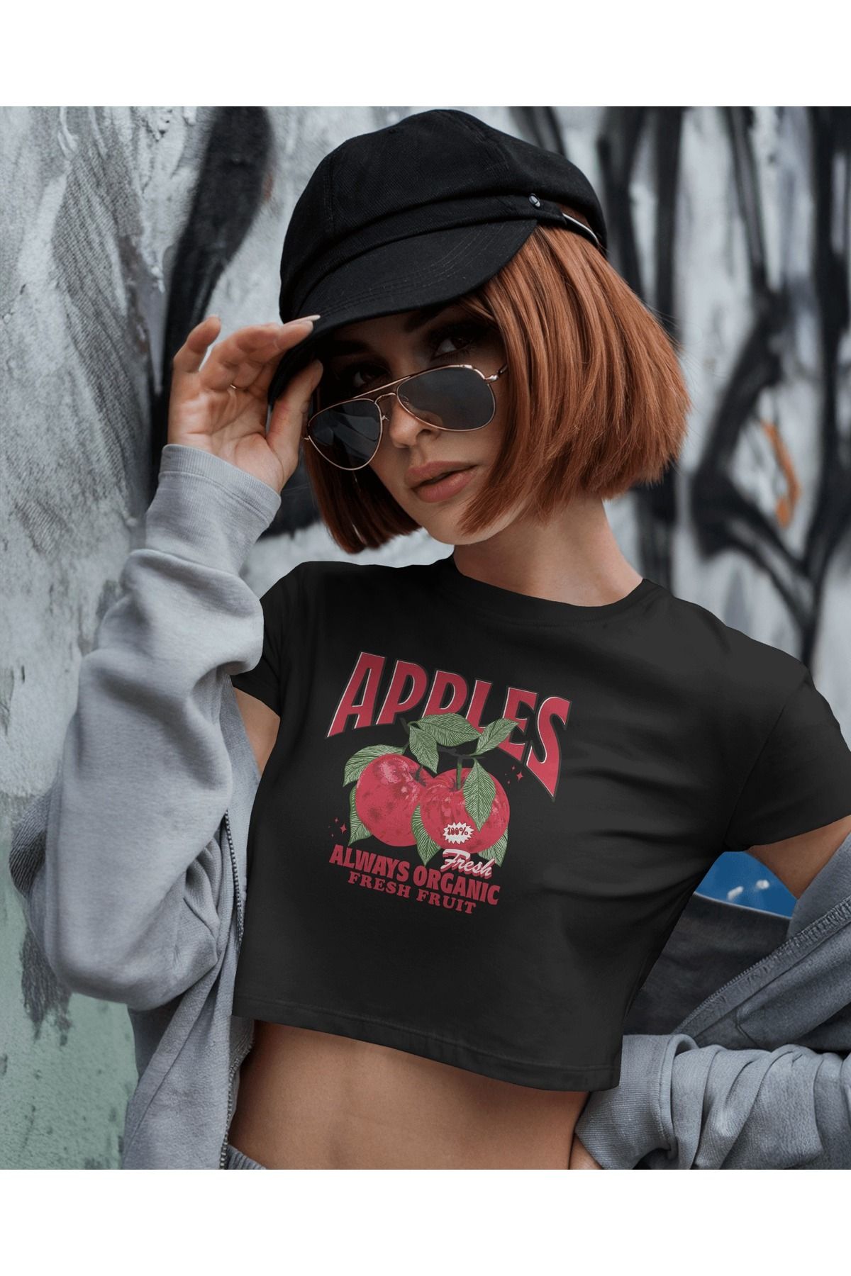 Butik Elma baskılı Kadın Pamuklu Crop T-shirt