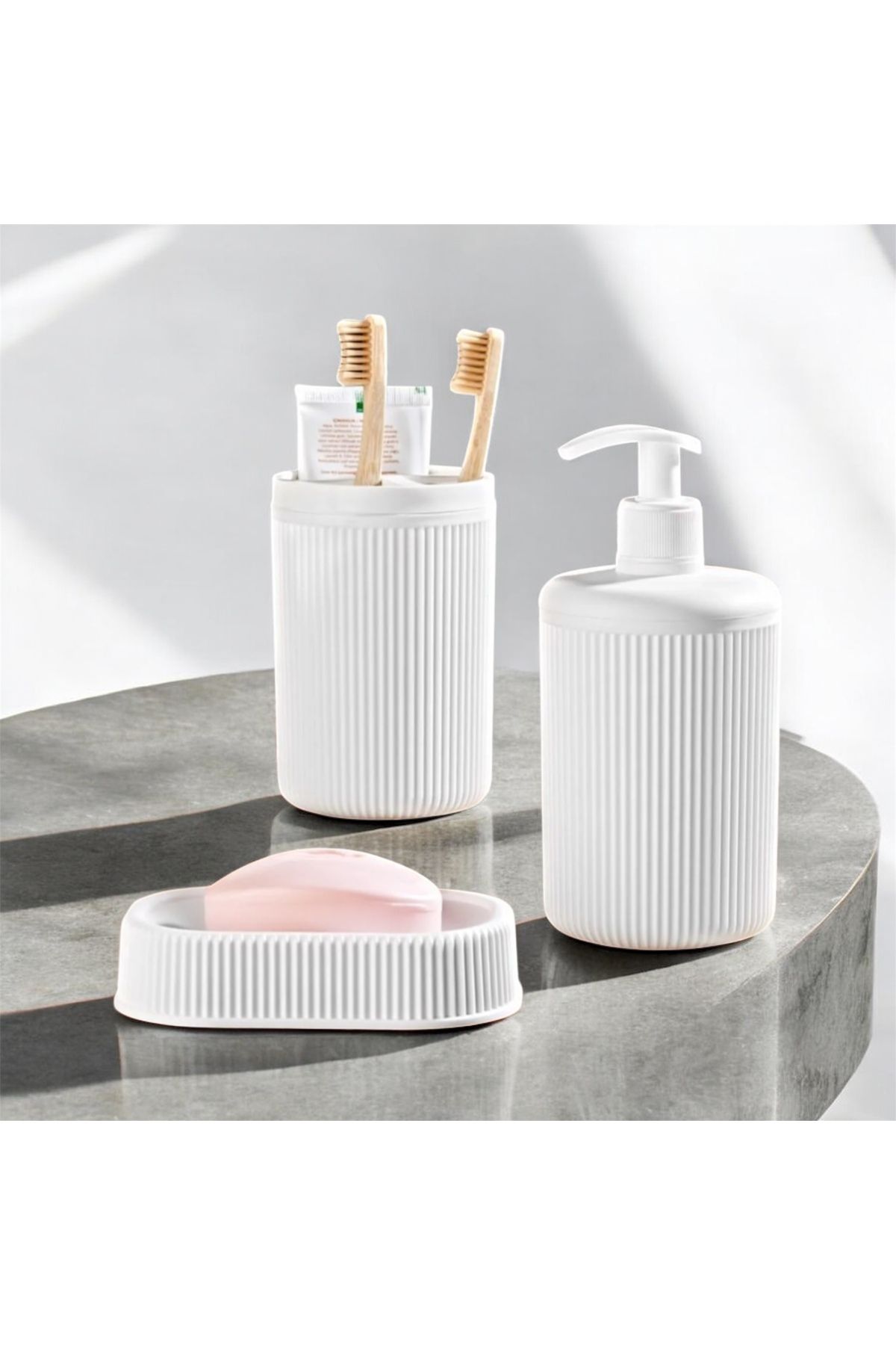 BY BATU 3'lü Modern Banyo Seti – Diş Fırçalık, Sıvı Sabunluk ve Sabunluk