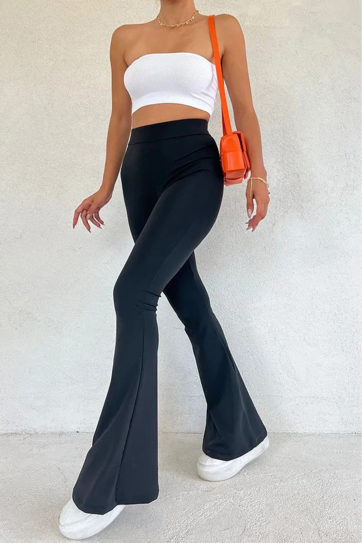 Genel Markalar  Kadın Siyah Ispanyol Paça Dalgıç Kumaş Yüksek Bel Toparlayıcı Tayt Pantolon