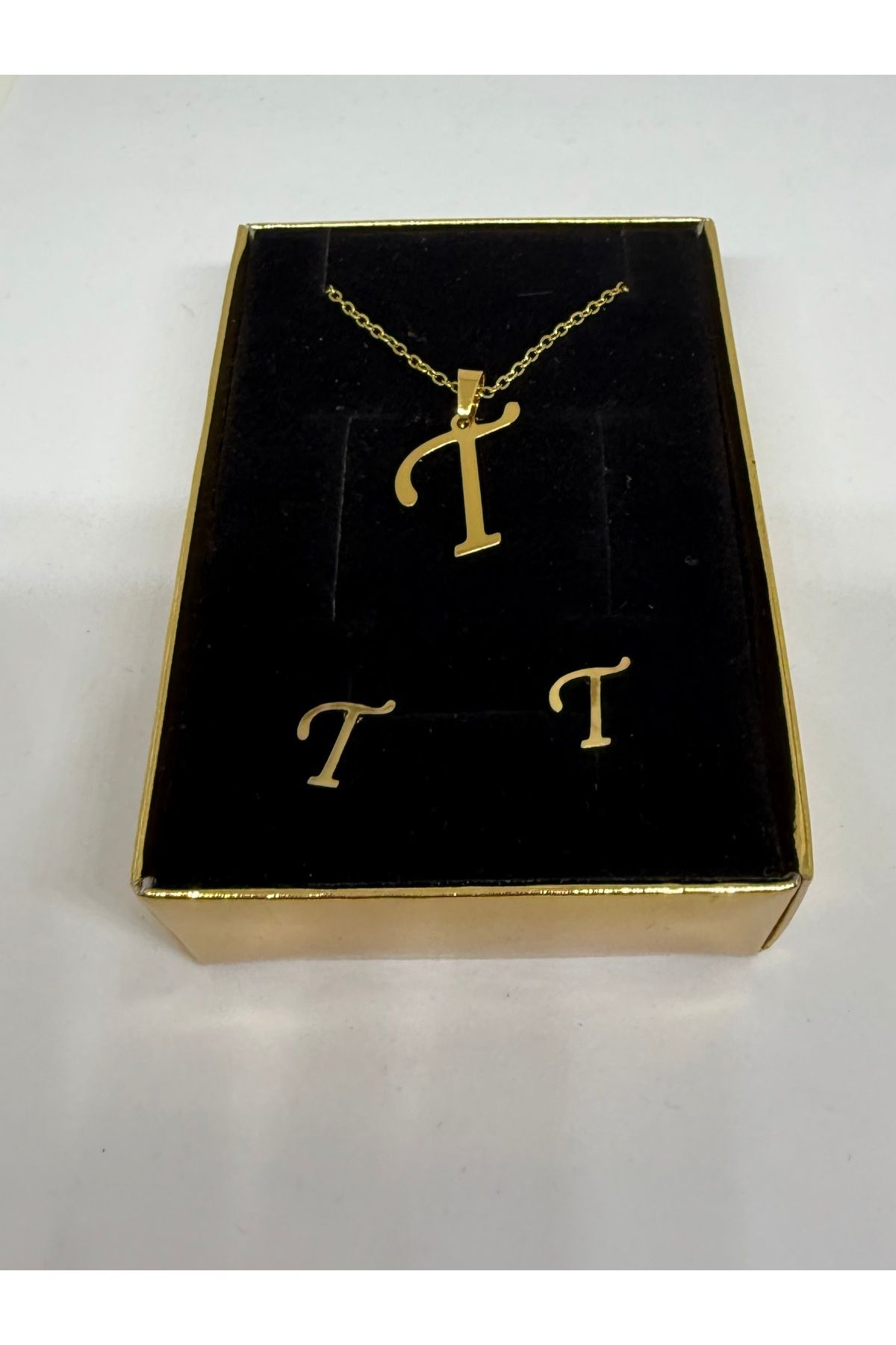 Gulsah's Store 316L Çelik gold T harfli kolye ve küpe seti