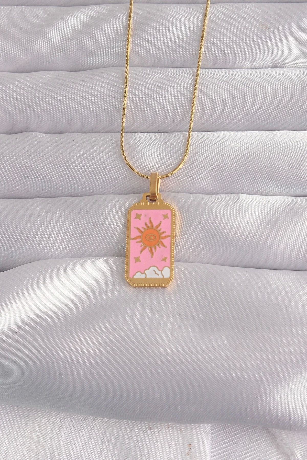 Generic 316L Çelik Gold Renk Pembe Mineli Güneş Model Tarot Kolye