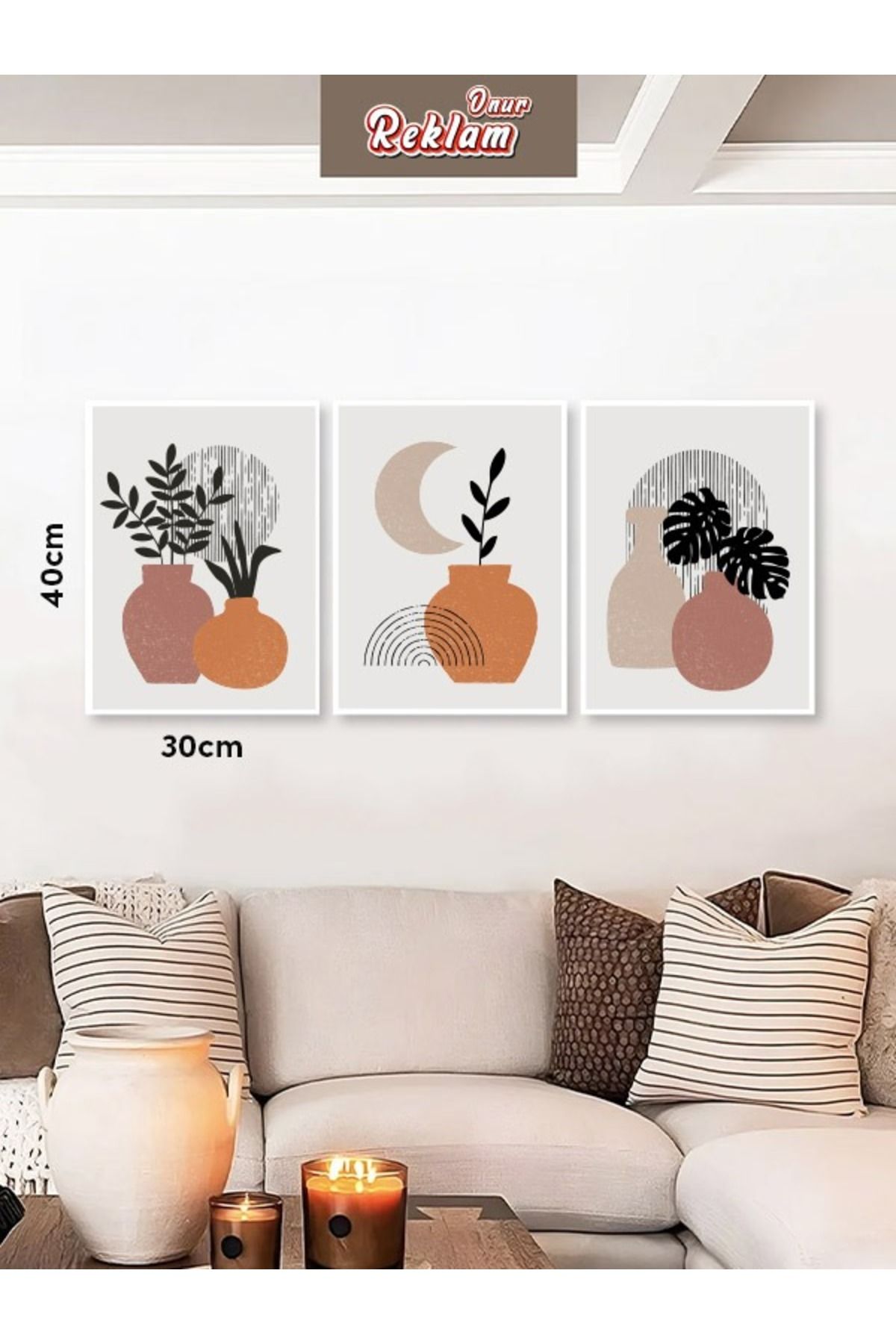 onurreklamonline 3’lü Vazo Figürlü Minimal Tablo Seti – 30x40 cm – Dekota Üzeri Folyo Baskı – Modern Duvar Dekoru
