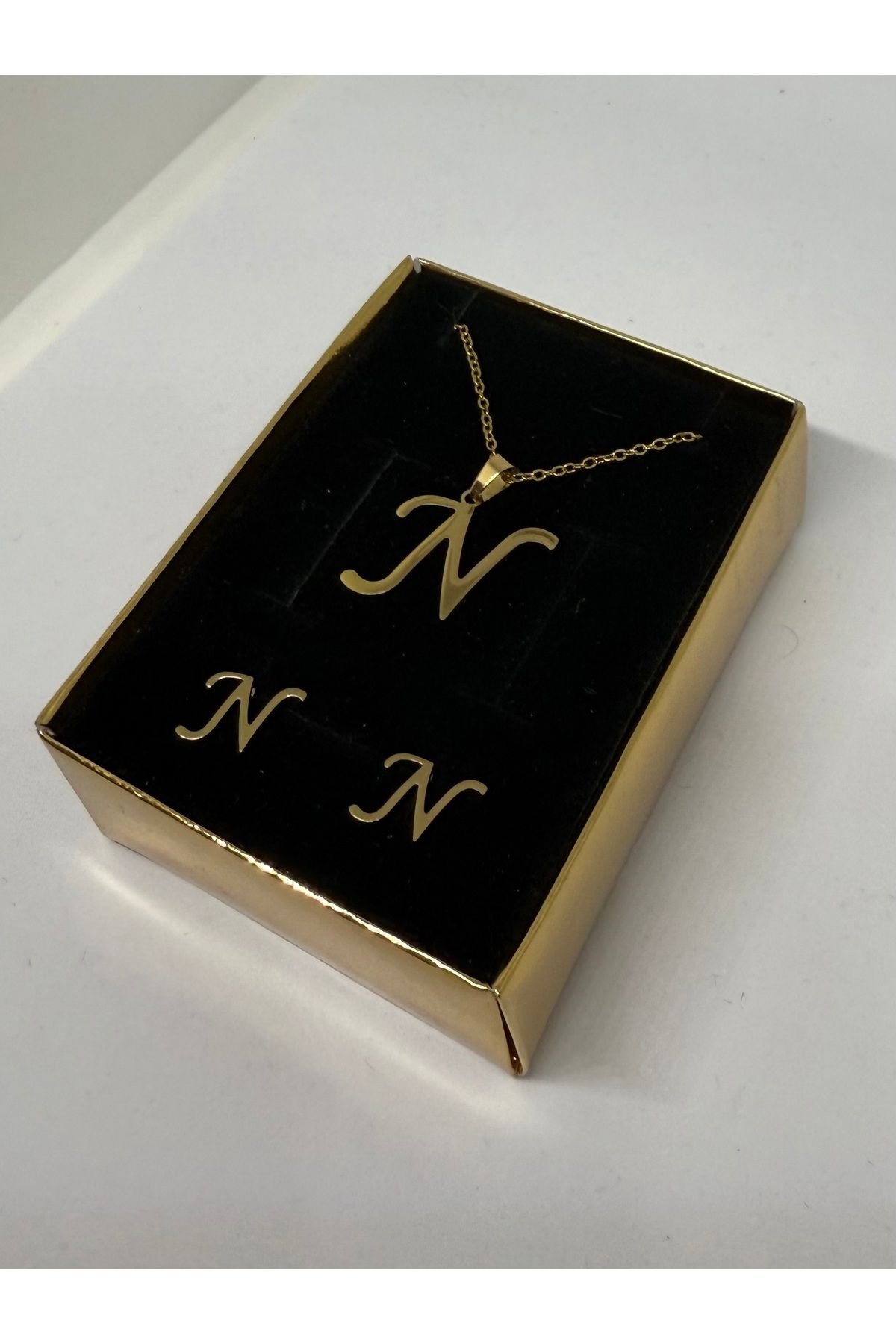 Gulsah's Store 316L Çelik gold N harfli kolye ve küpe seti