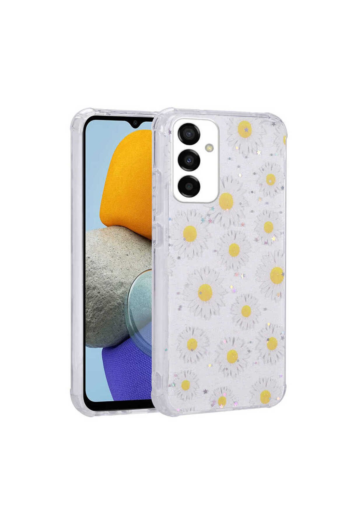 halkhouse Samsung Galaxy M23 Kılıf Simli Desenli Kamera Korumalı Parlak Silikon Popy Kapak