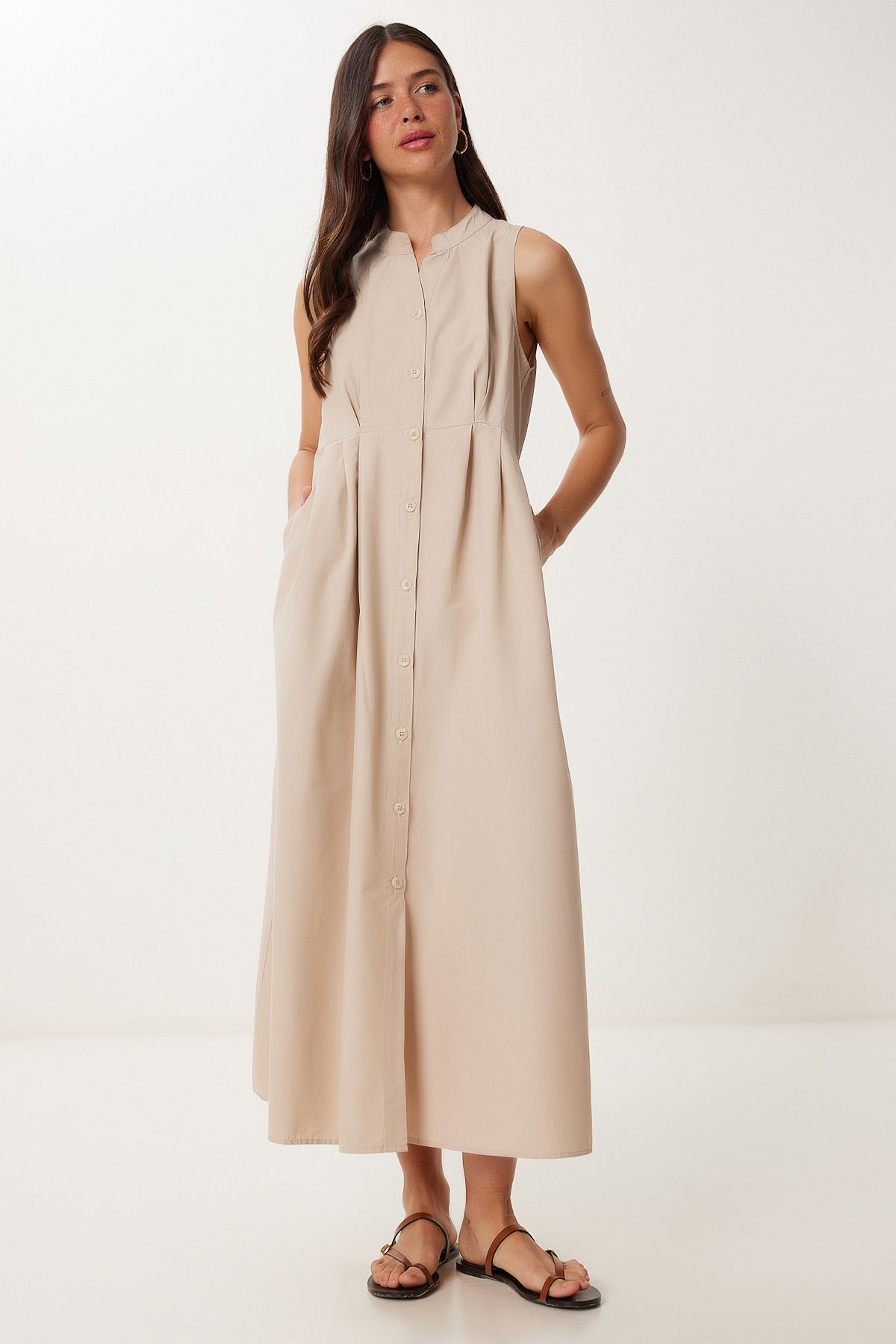 Lovelyİstanbul Kolsuz Midi Poplin Gömlek Elbise KREM LMX0093