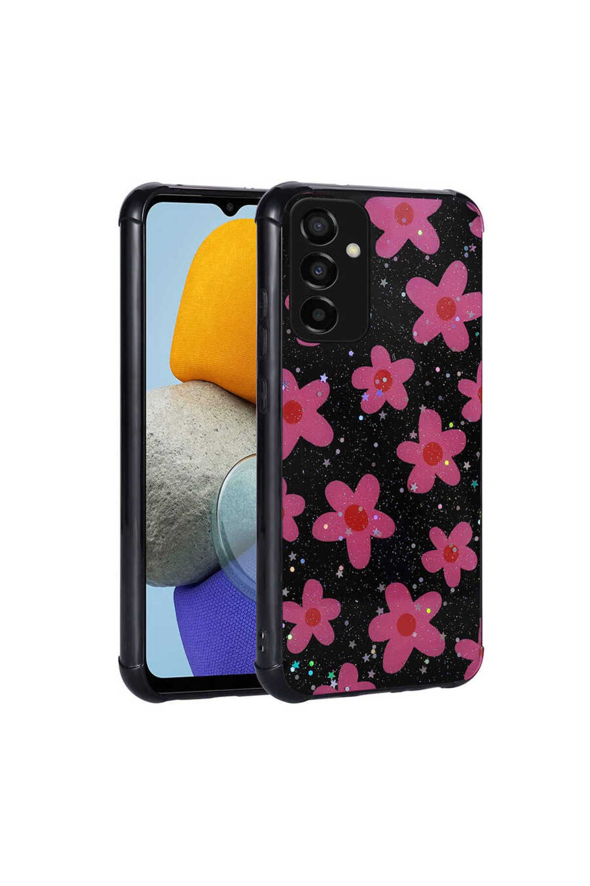 halkhouse Samsung Galaxy M23 Kılıf Simli Desenli Kamera Korumalı Parlak Silikon Popy Kapak