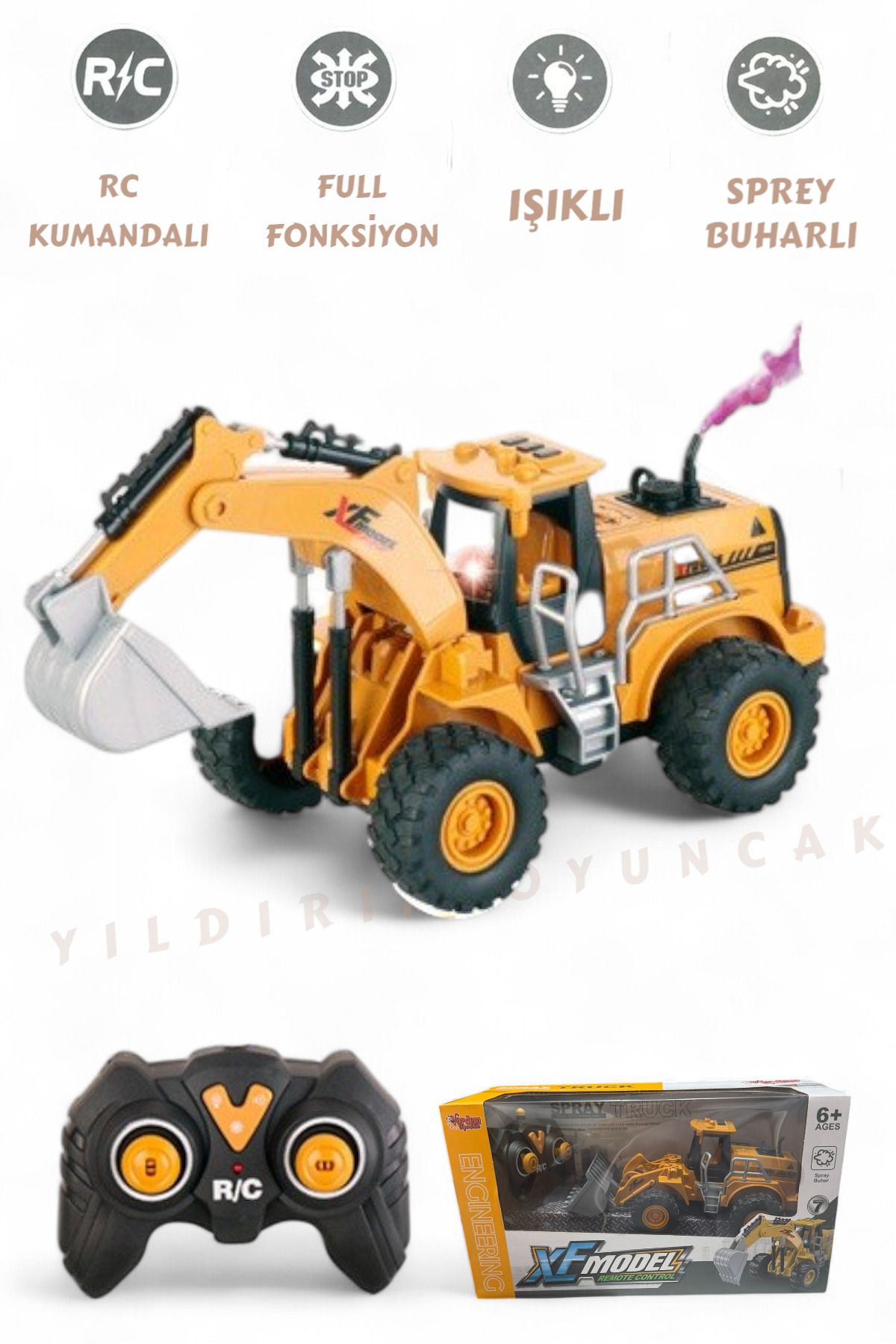 YILDIRIM OYUNCAK Uzaktan Kumandalı Full Fonksiyon Şarjlı Işıklı Buhar Atan Kazıcı , Yükleyici İnşaat Aracı Hareketli