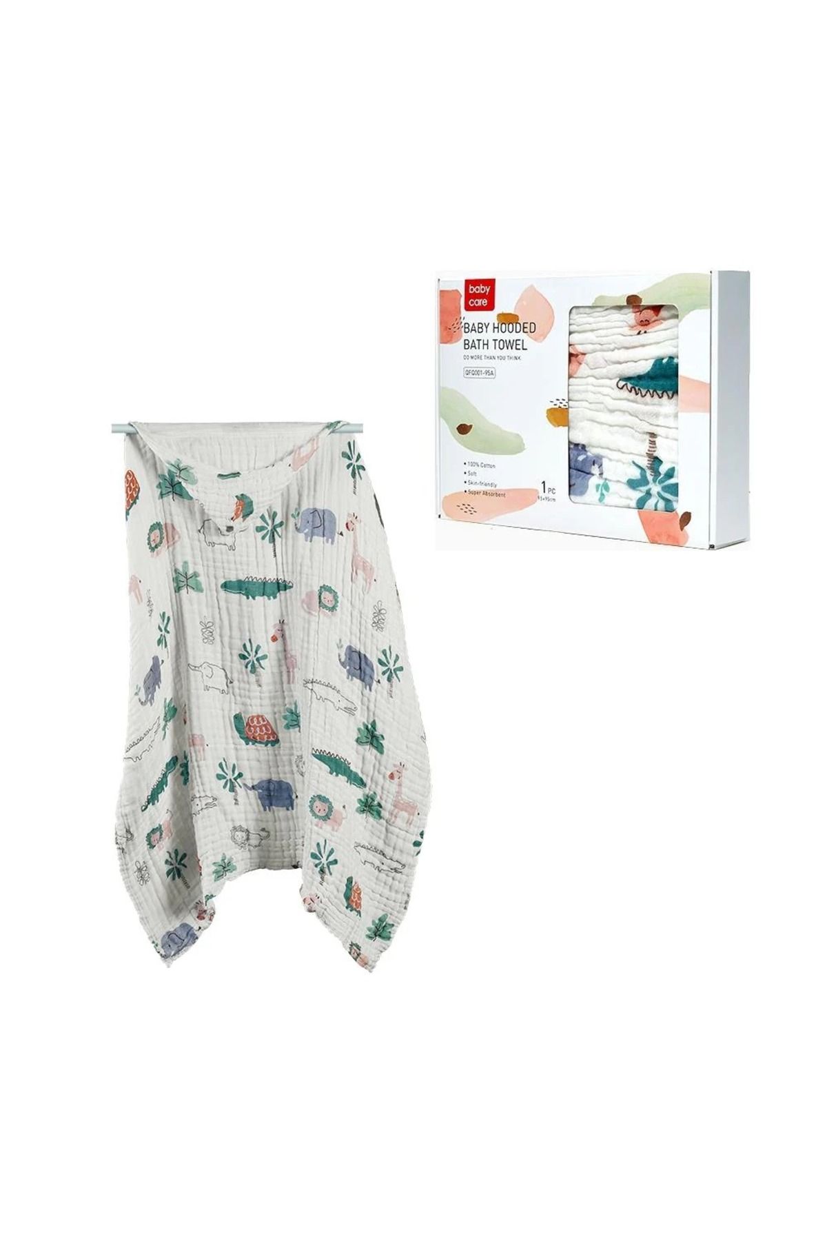 Baby Care Kafue Forest Kapüşonlu Bebek Havlusu 110x110 cm, 6 Kat Muslin
