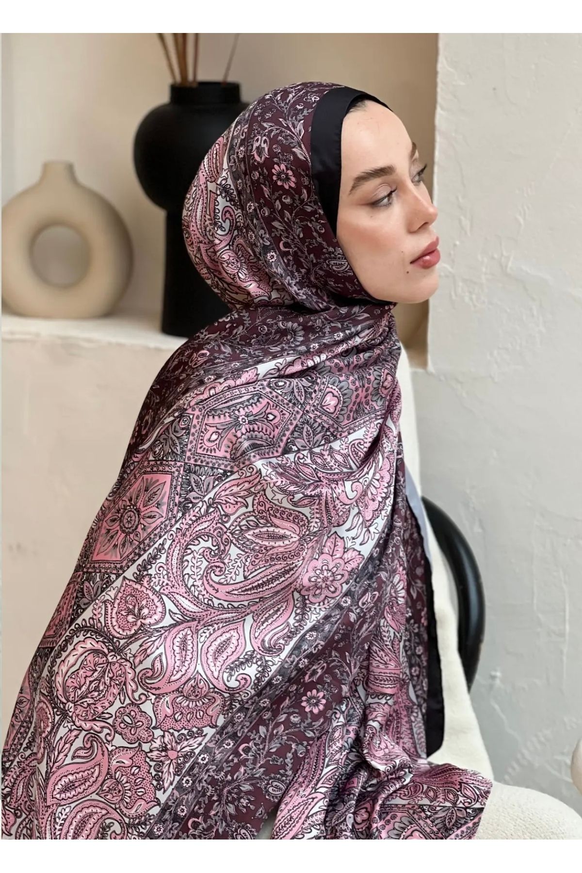 Modakaşmir Bordo pembe etnik vual şal