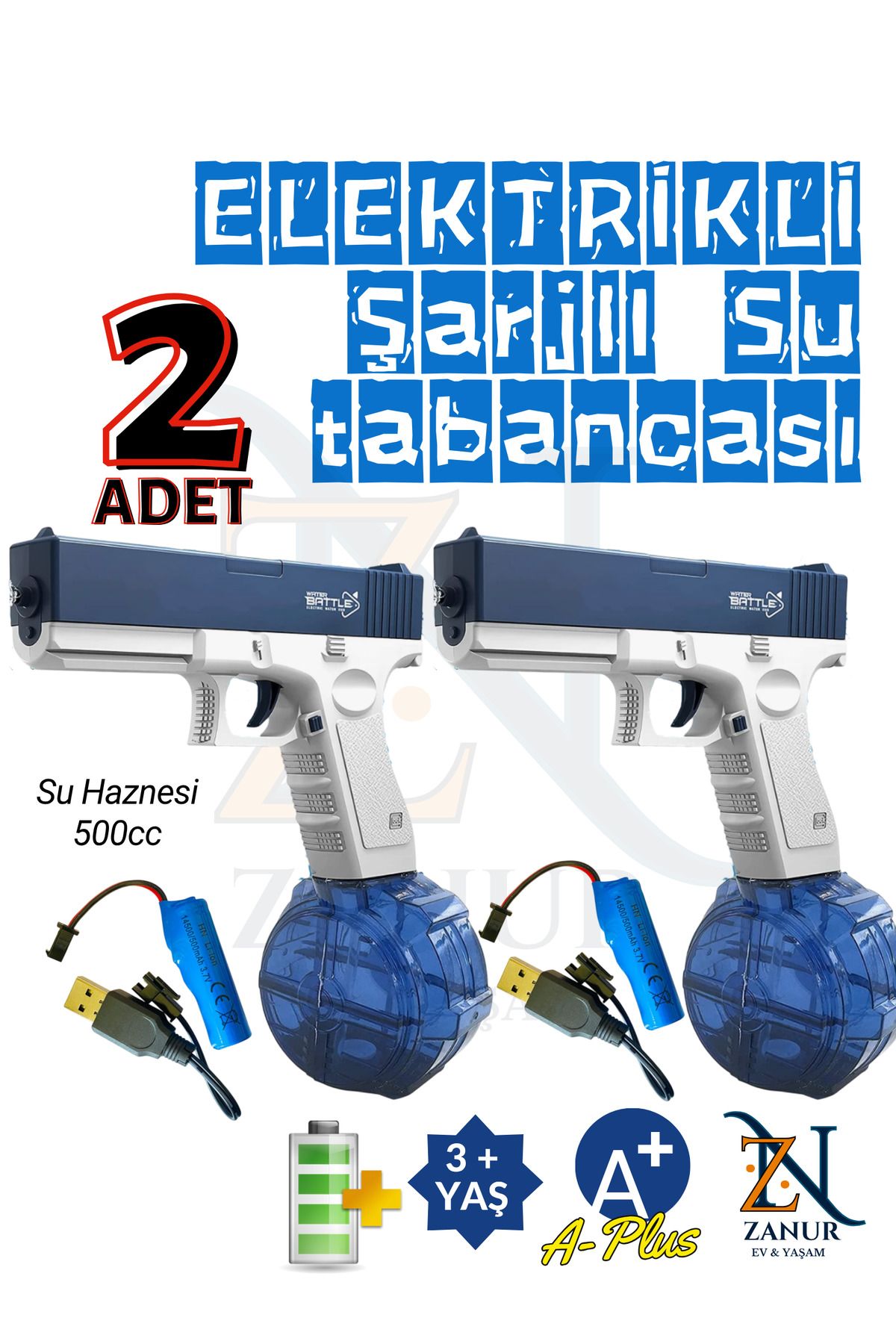 zanur 2 ADET Şarjlı Elektrikli Tam Otomatik Su Tabancası 20 cm uzunluk 500 Ml, 10 Mt Menzilli Water gun