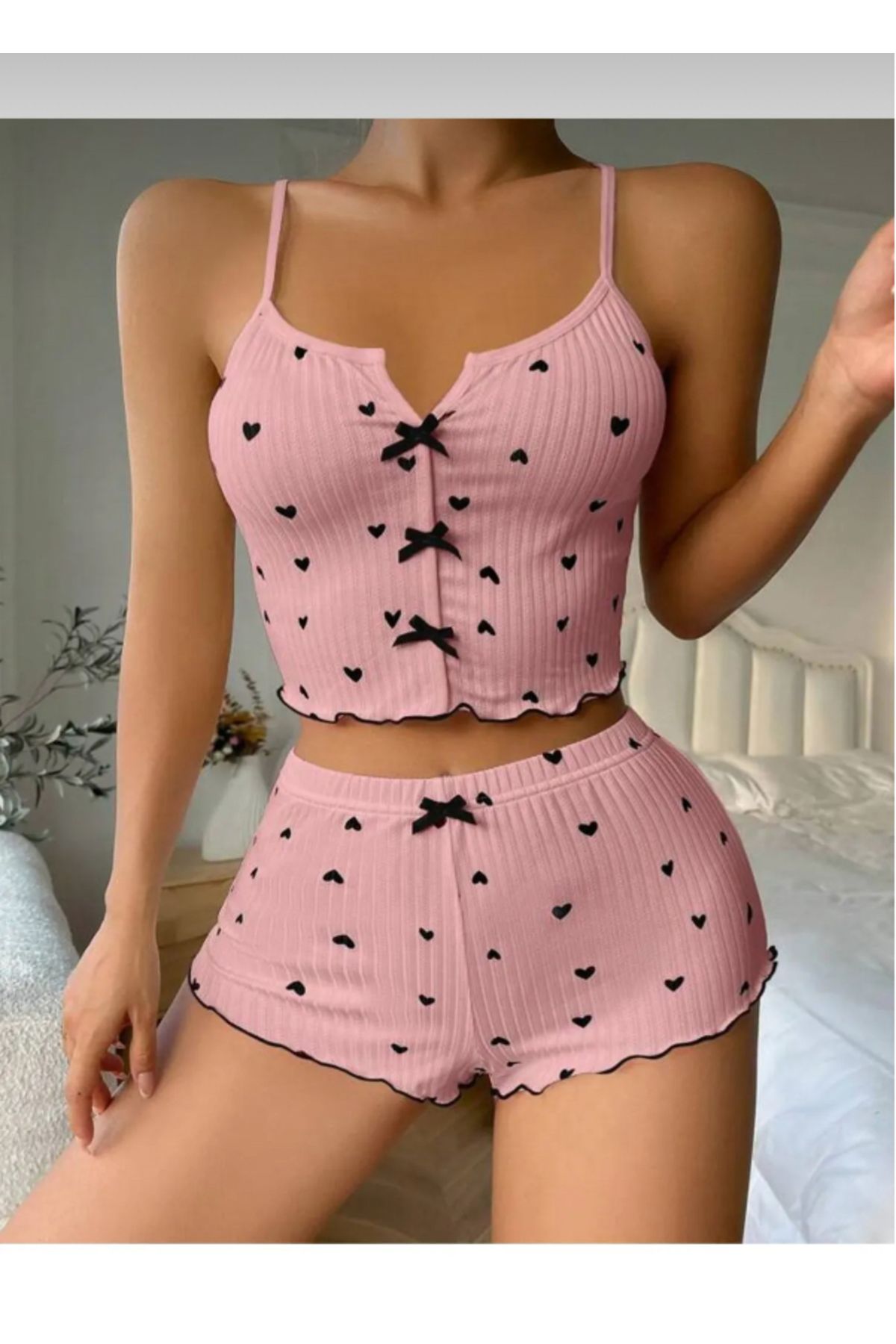 MODA NUR Askılı Desenli Şortlu Pijama Takımı