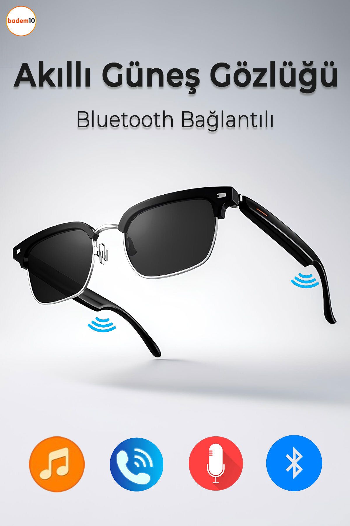Badem10 Akıllı Güneş Gözlüğü Bluetooth Komut Stereo Çift Hoparlörlü Kablosuz Unisex Polarize Trend Gözlük