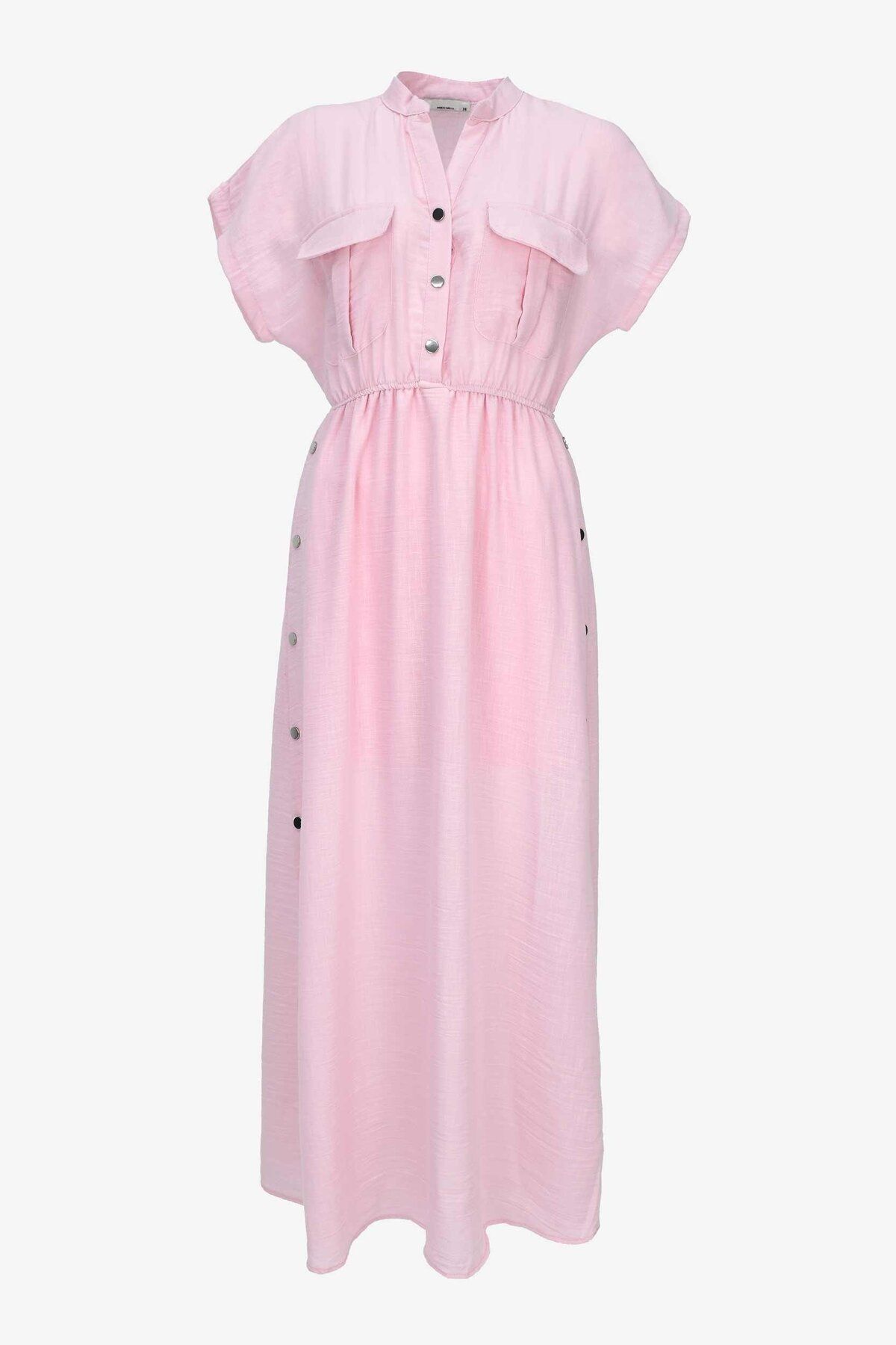 birizmoda Kadın Astarlı Düğme Detaylı Kısa Kollu Uzun Elbise - Pembe