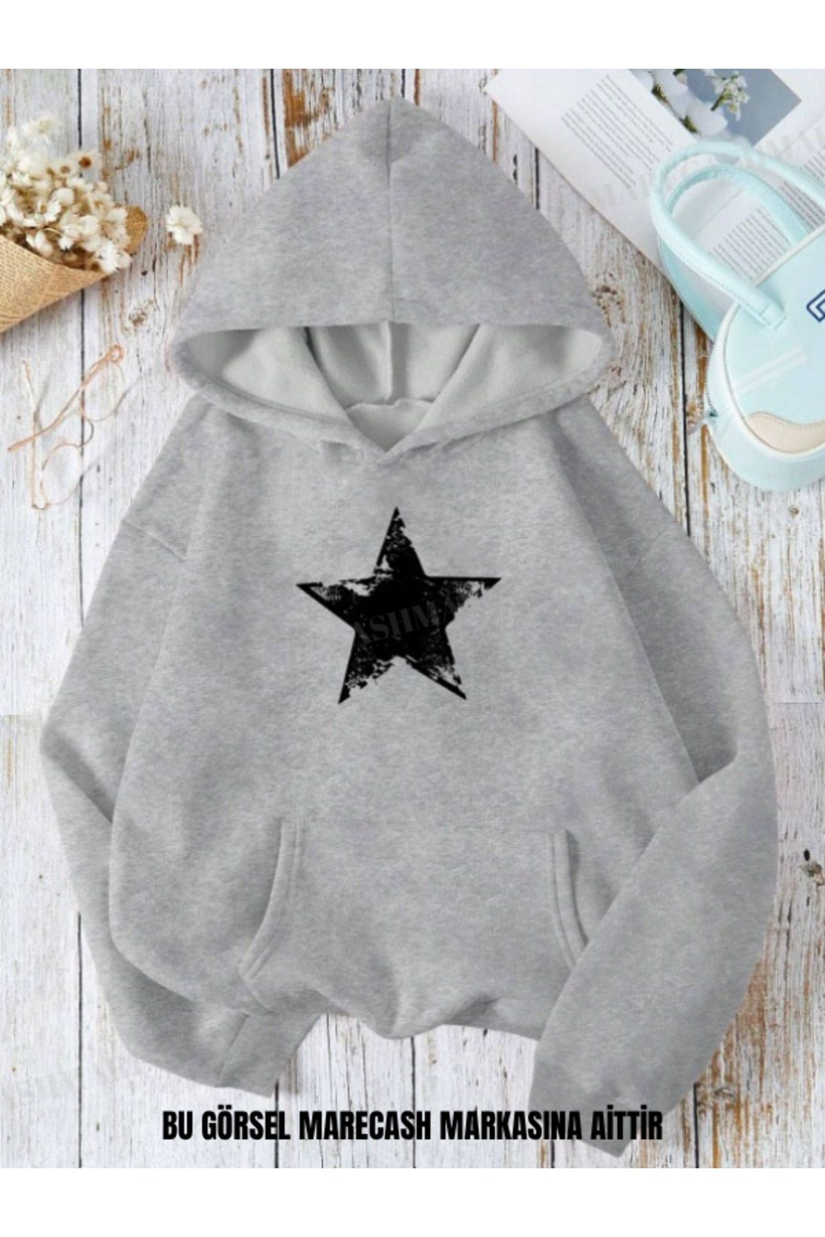 MARECASH Unisex 3 İplik Yıldız Star Baskılı Kapüşonlu Sweatshirt Hoodie Kışlık Renkli Kalın