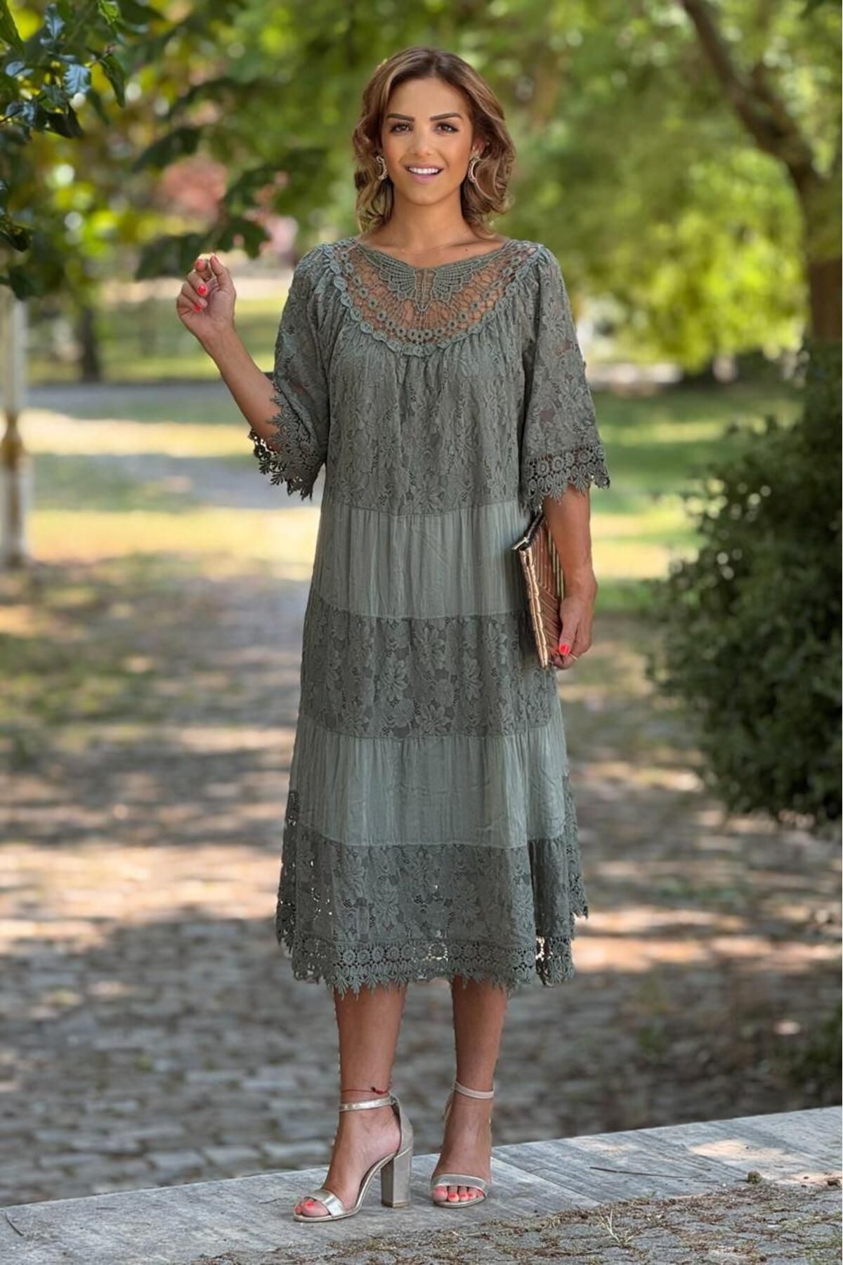Nevin Kaya Moda Haki Dolce Notte Dantelli %100 Pamuk İtalyan Elbise
