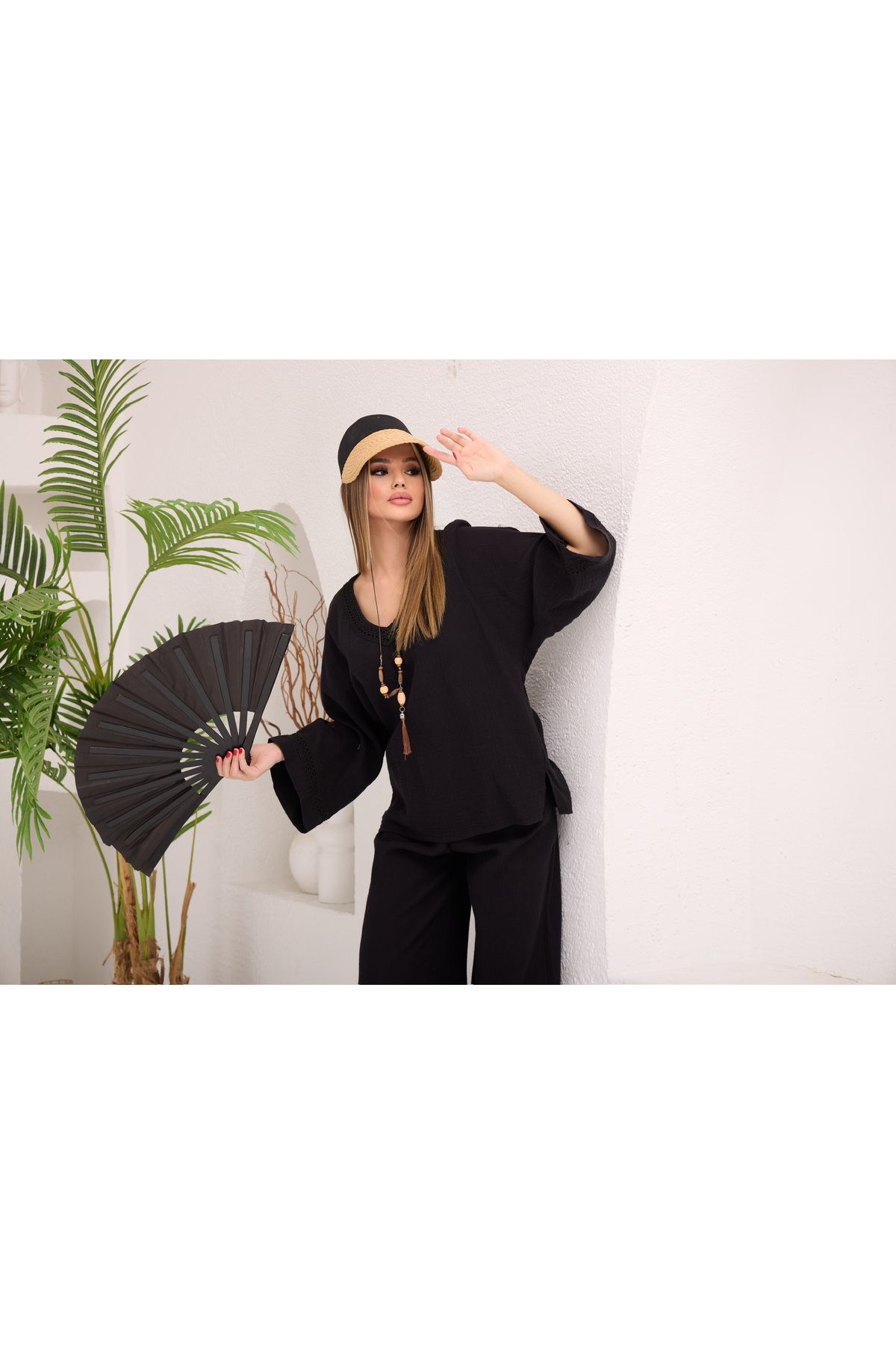 AsprinFashion MUSLİM V YAKA ARA DANTELLİ TAKIM SİYAH