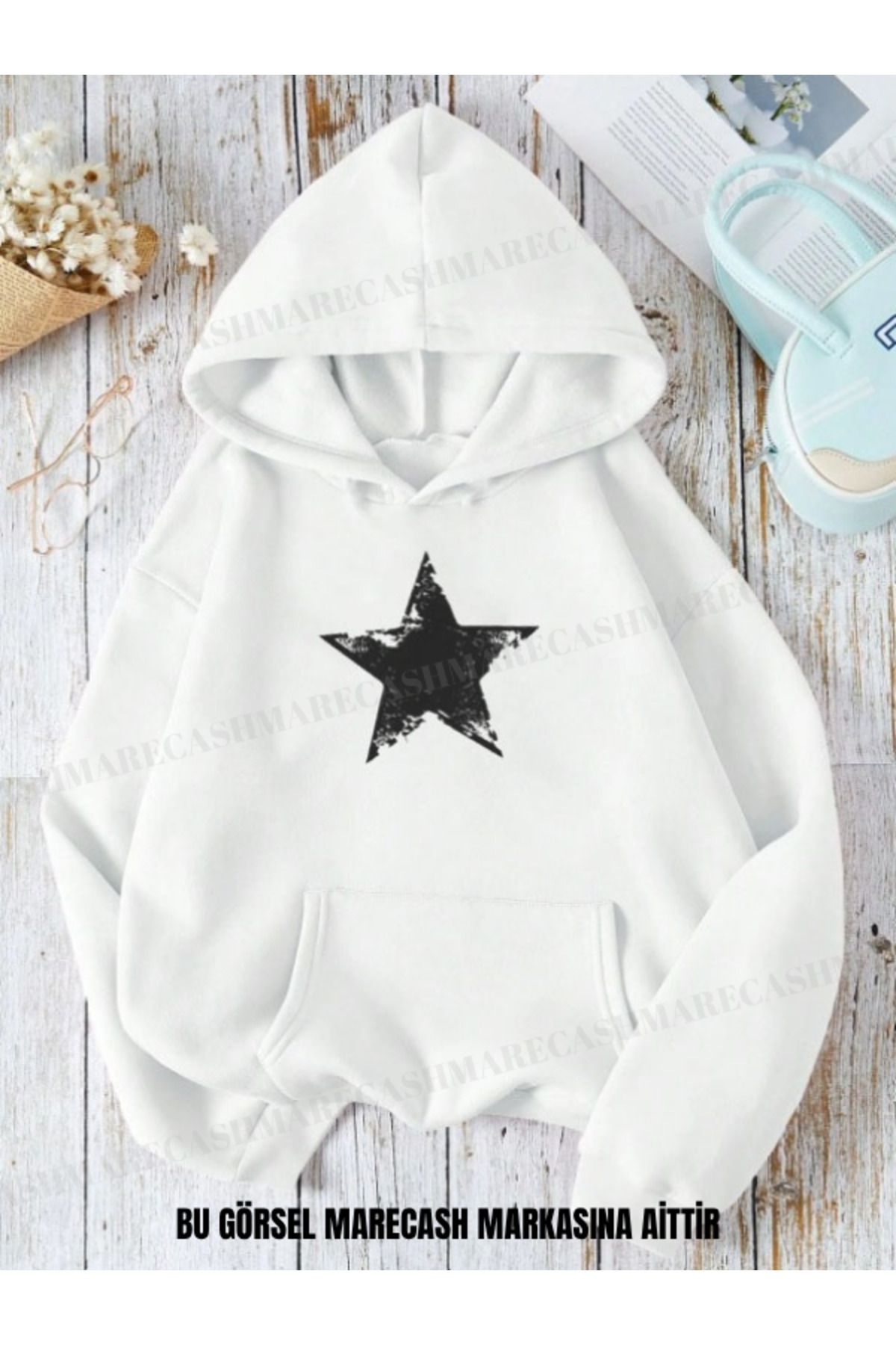 MARECASH Unisex 3 İplik Yıldız Star Baskılı Kapüşonlu Sweatshirt Hoodie Kışlık Renkli Kalın