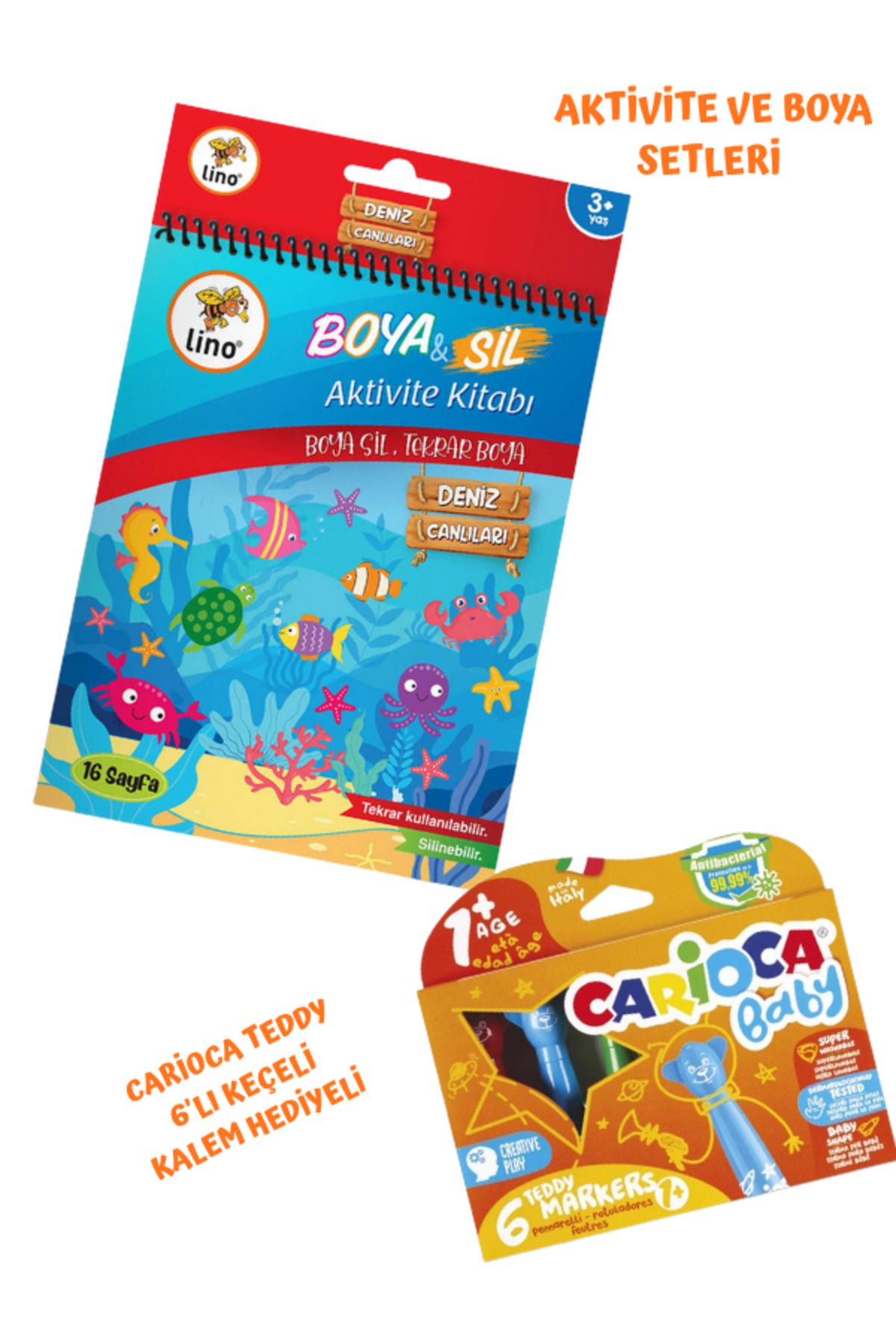 CARIOCA Lİno Aktivite Boya Sil Deniz Canlıları ve Carioca Teddy 6'lı Keçeli Kalem Seti