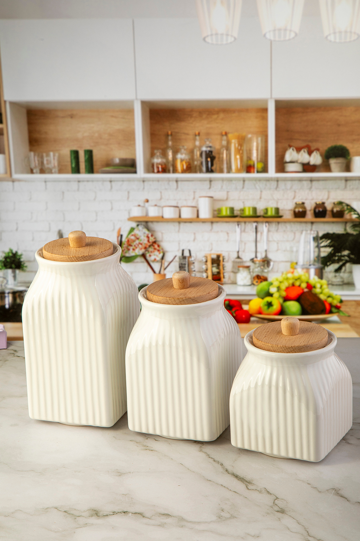 Lizzy Molino Bambu Kapaklı Çizgili Desenli Porselen Kavanoz Seti