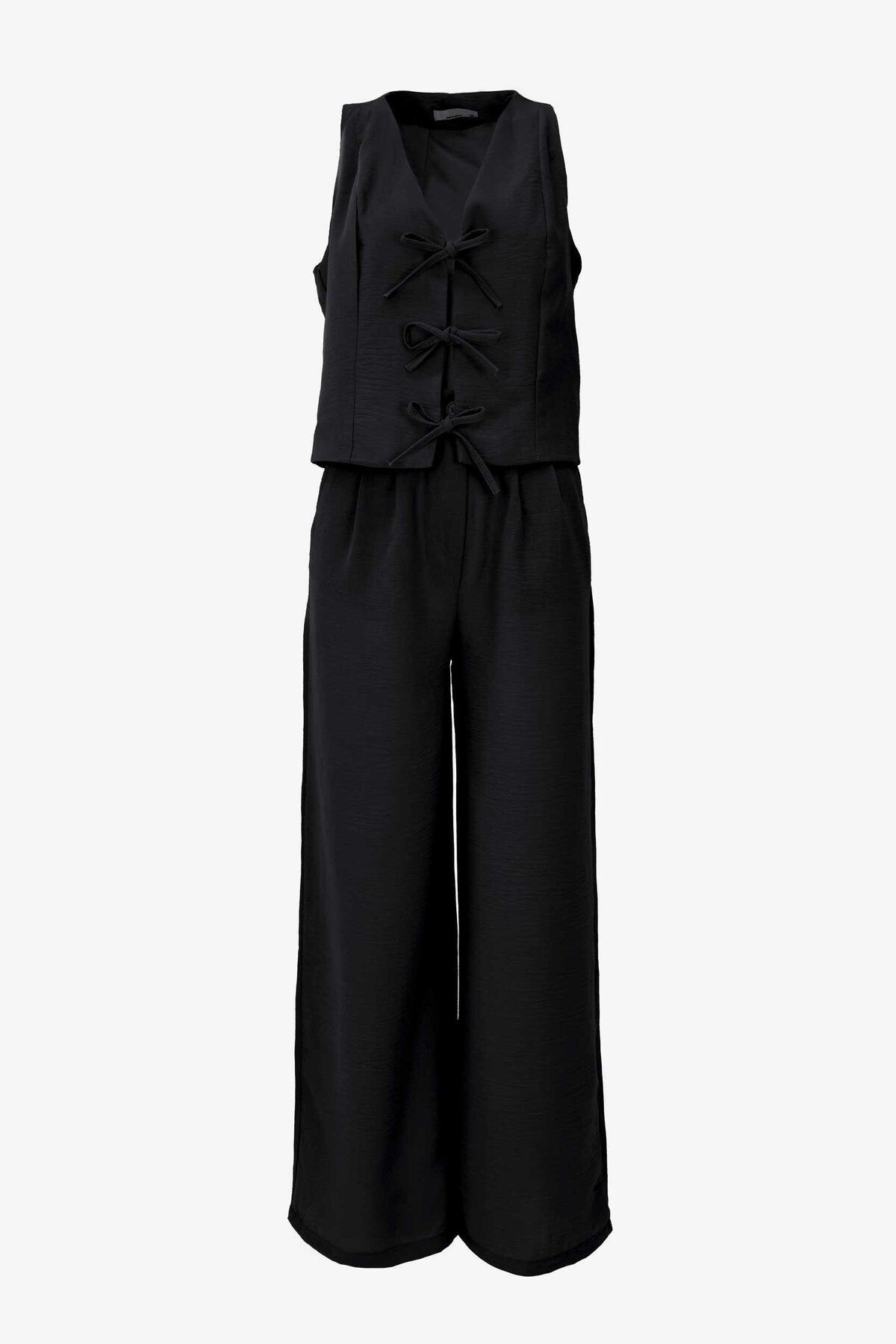 birizmoda Kadın Önü Bağlamalı Kalın Askılı Yelek Pantalon Takım - Siyah
