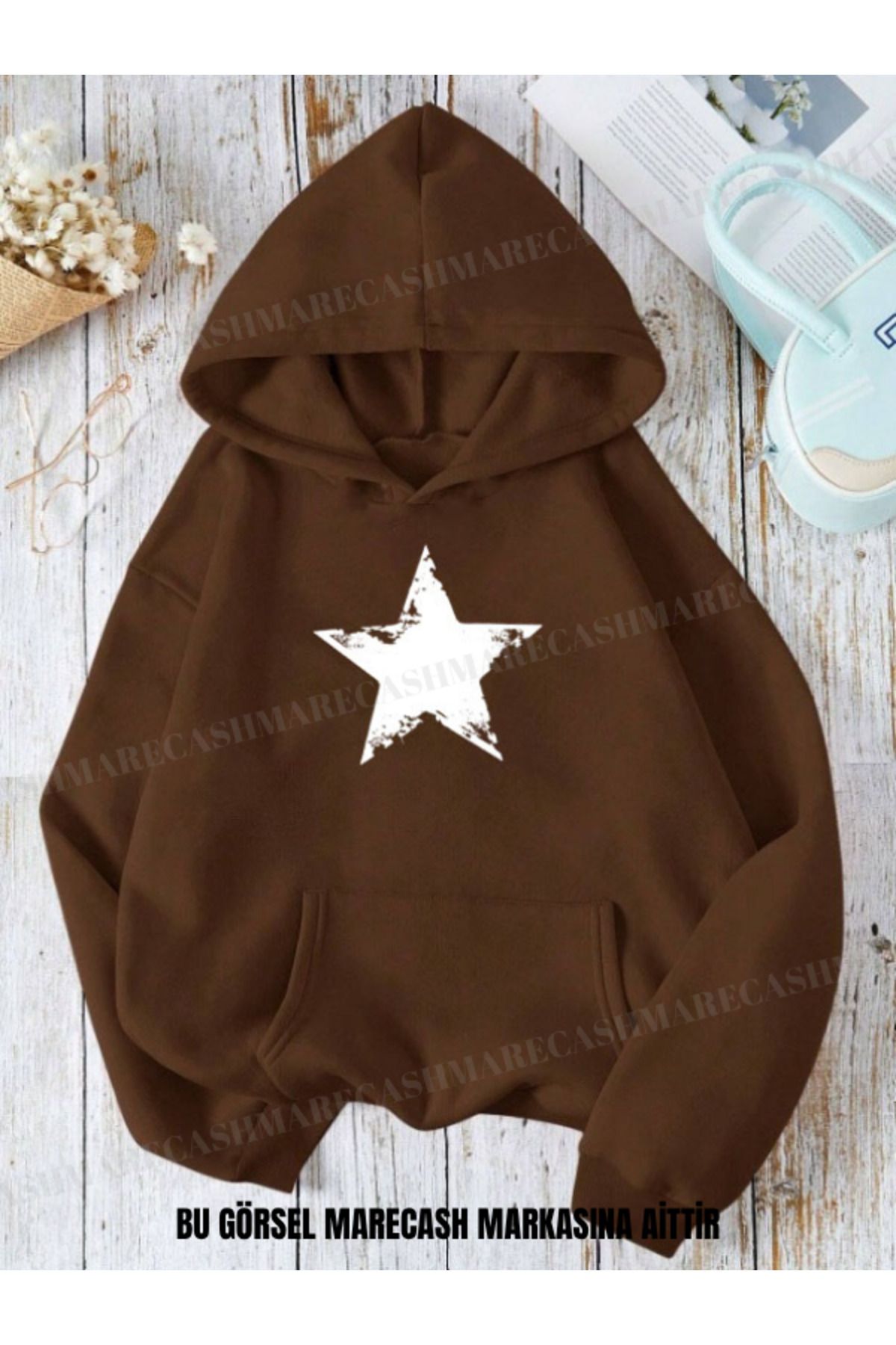 MARECASH Unisex 3 İplik Yıldız Star Baskılı Kapüşonlu Sweatshirt Hoodie Kışlık Renkli Kalın