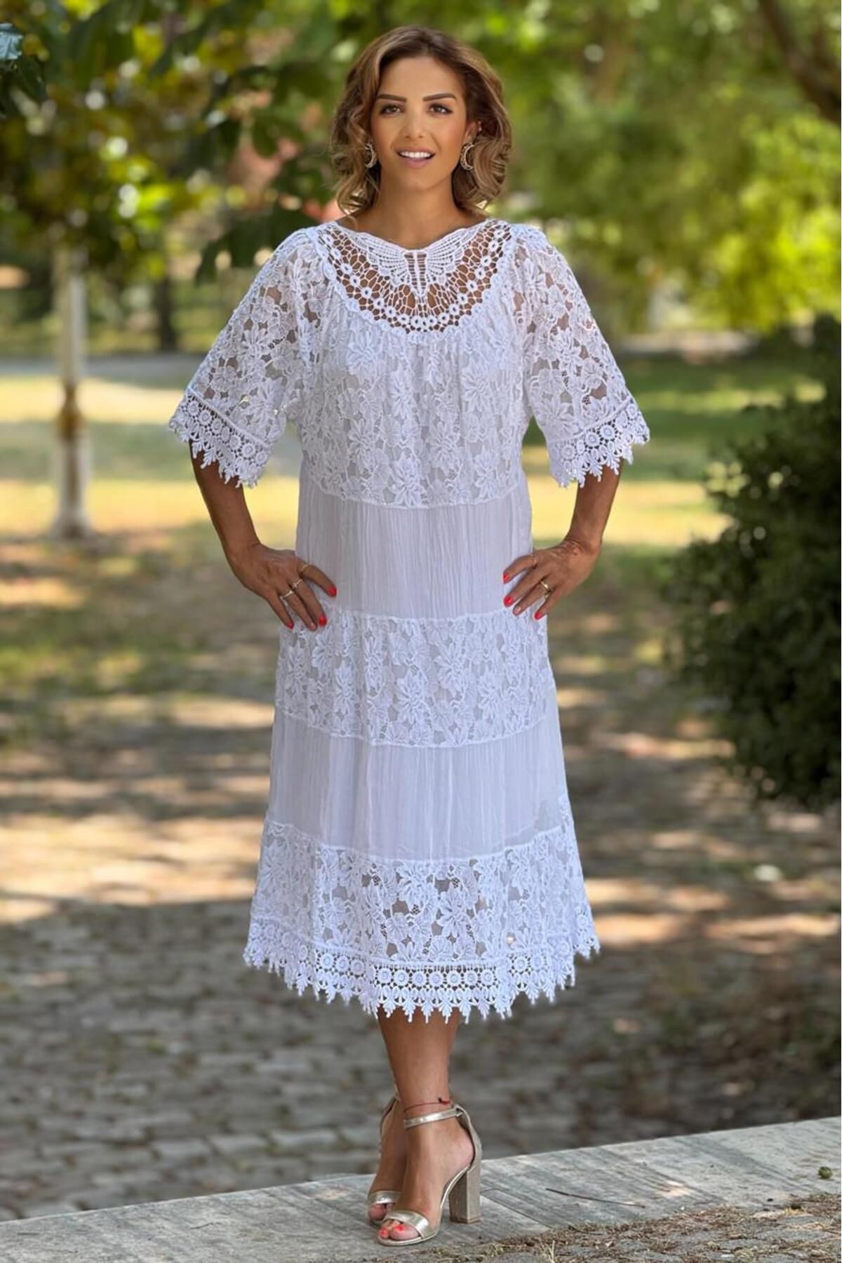 Nevin Kaya Moda Beyaz Dolce Notte Dantelli %100 Pamuk İtalyan Elbise