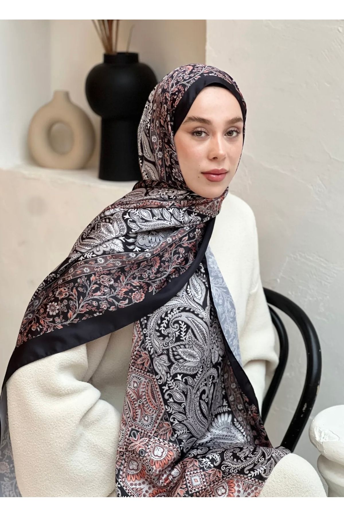 Modakaşmir Siyah etnik desen vual şal