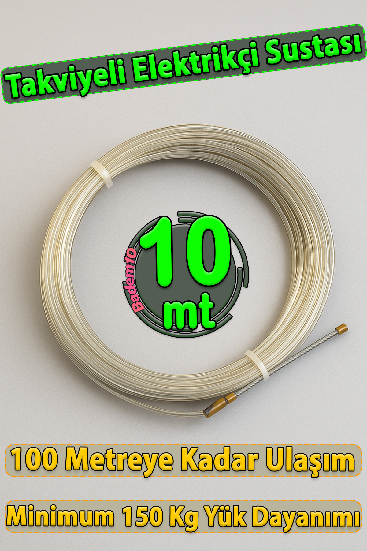 Badem10 10 Metre Elektrikçi Sustası Plastik Kaplamalı Spiral Kablo Çekme Teli Boru İçi Kılavuz Tel Tesisat
