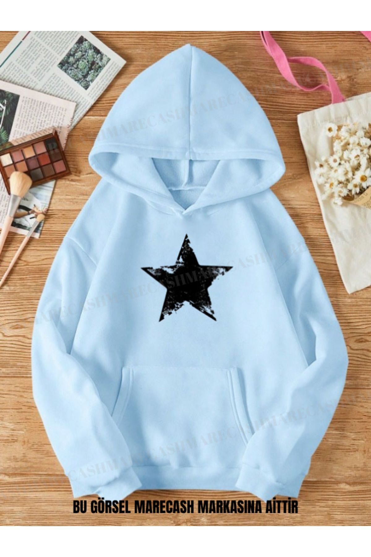 MARECASH Unisex 3 İplik Yıldız Star Baskılı Kapüşonlu Sweatshirt Hoodie Kışlık Renkli Kalın