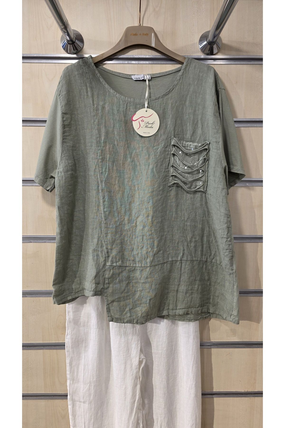 Park Moda İtalyan Keten Bluz Pul Cep Detaylı