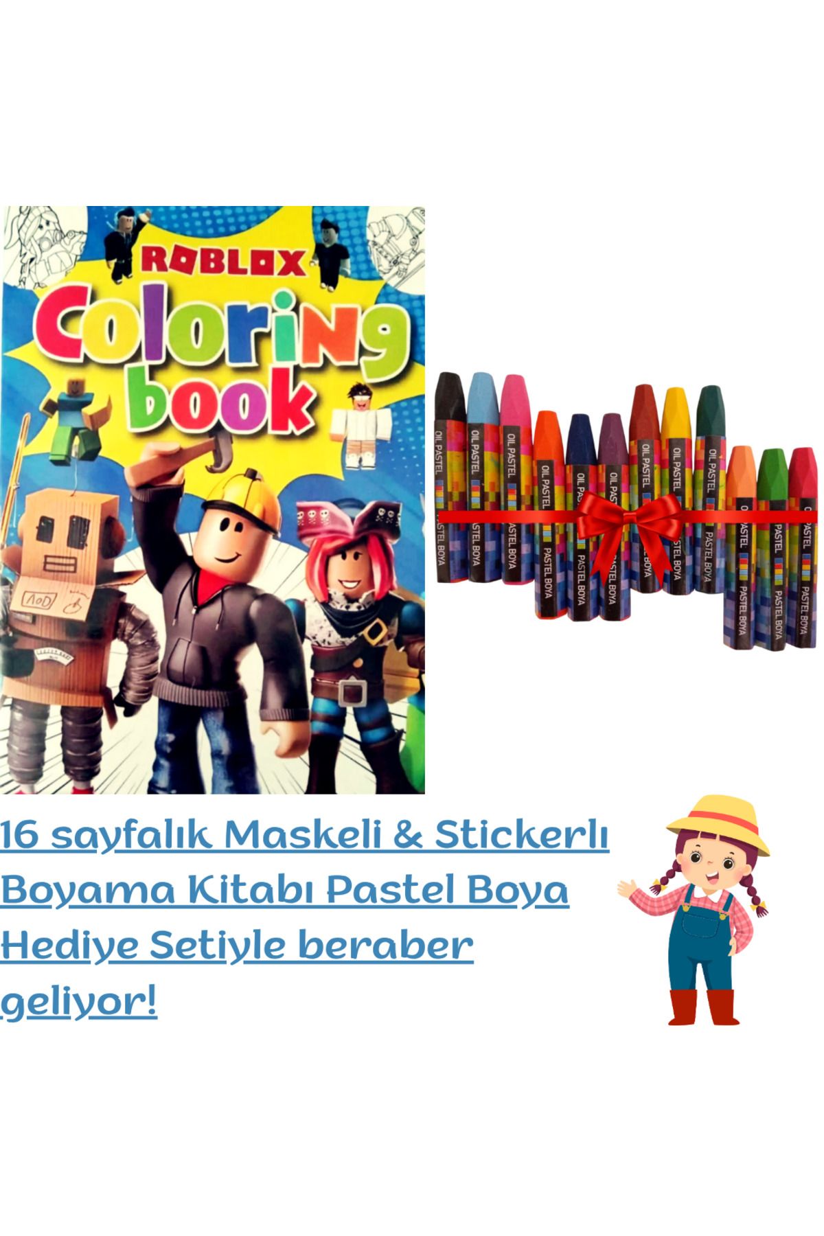 booddie Roblox Boyama Kitabı Stickerlı (arka Kapak Kesilerek Maskeli ) 12'li Pastel Boya Kalem Seti