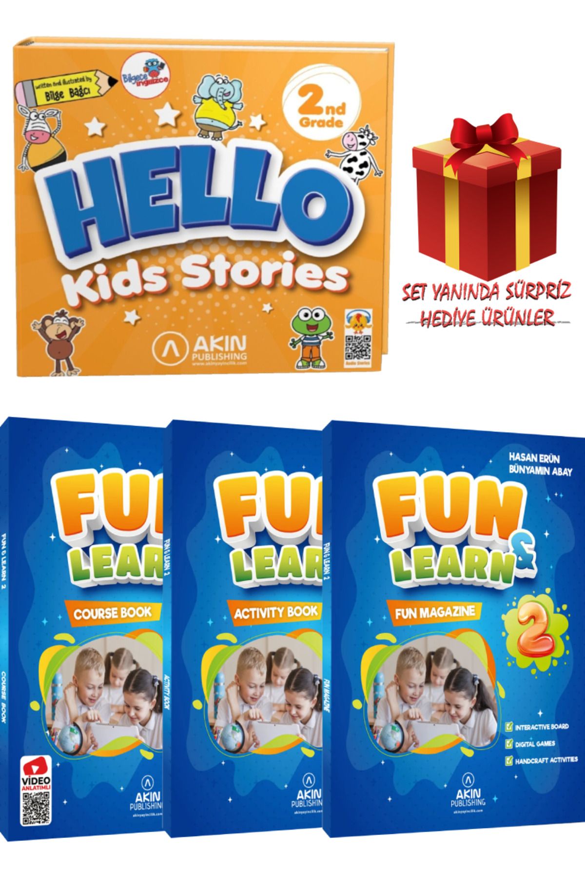AKIN Publishing 2 nd Grade Hello Kids Stories (Çocuk Hikayeleri)+Fun&Learn Course Book-Activity Book-Fun Magazine