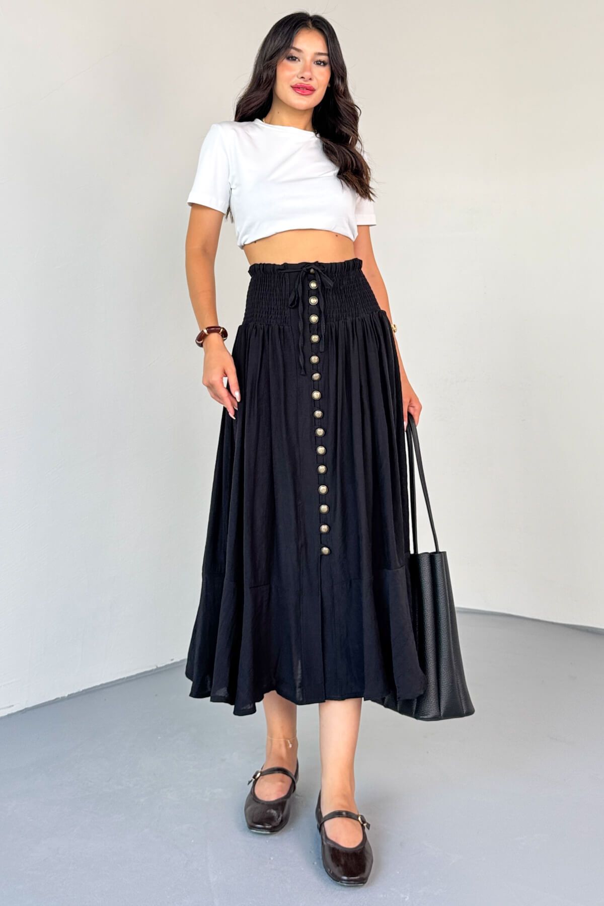 Cappmoda ETK-02339 Siyah Gipeli Eskitme Düğme Detaylı Astarlı Vintage Etek