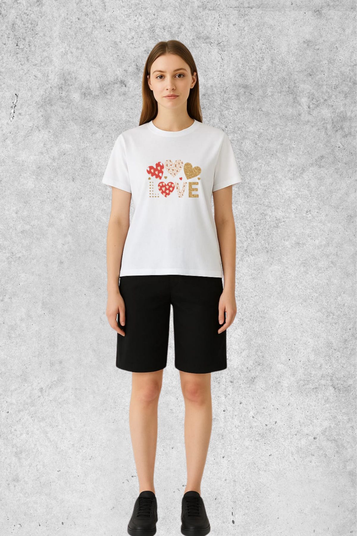 MOLICO Basic unisex sıfır yaka kısa kollu LOVE 3 KALP baskılı tshirt