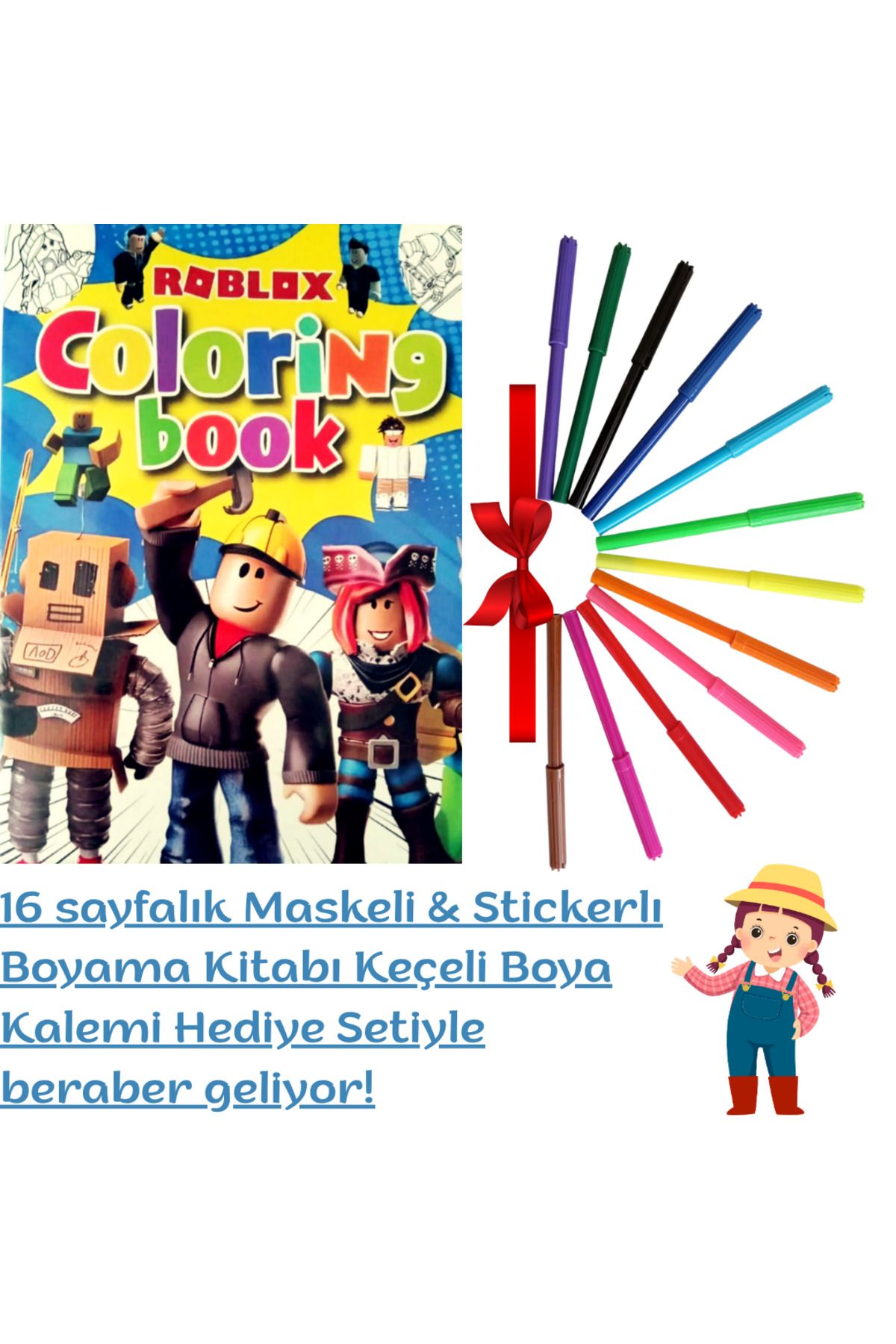 booddie Roblox Boyama Kitabı Stickerlı (arka Kapak Kesilerek Maskeli ) 12'li Keçeli Boya Kalem Seti
