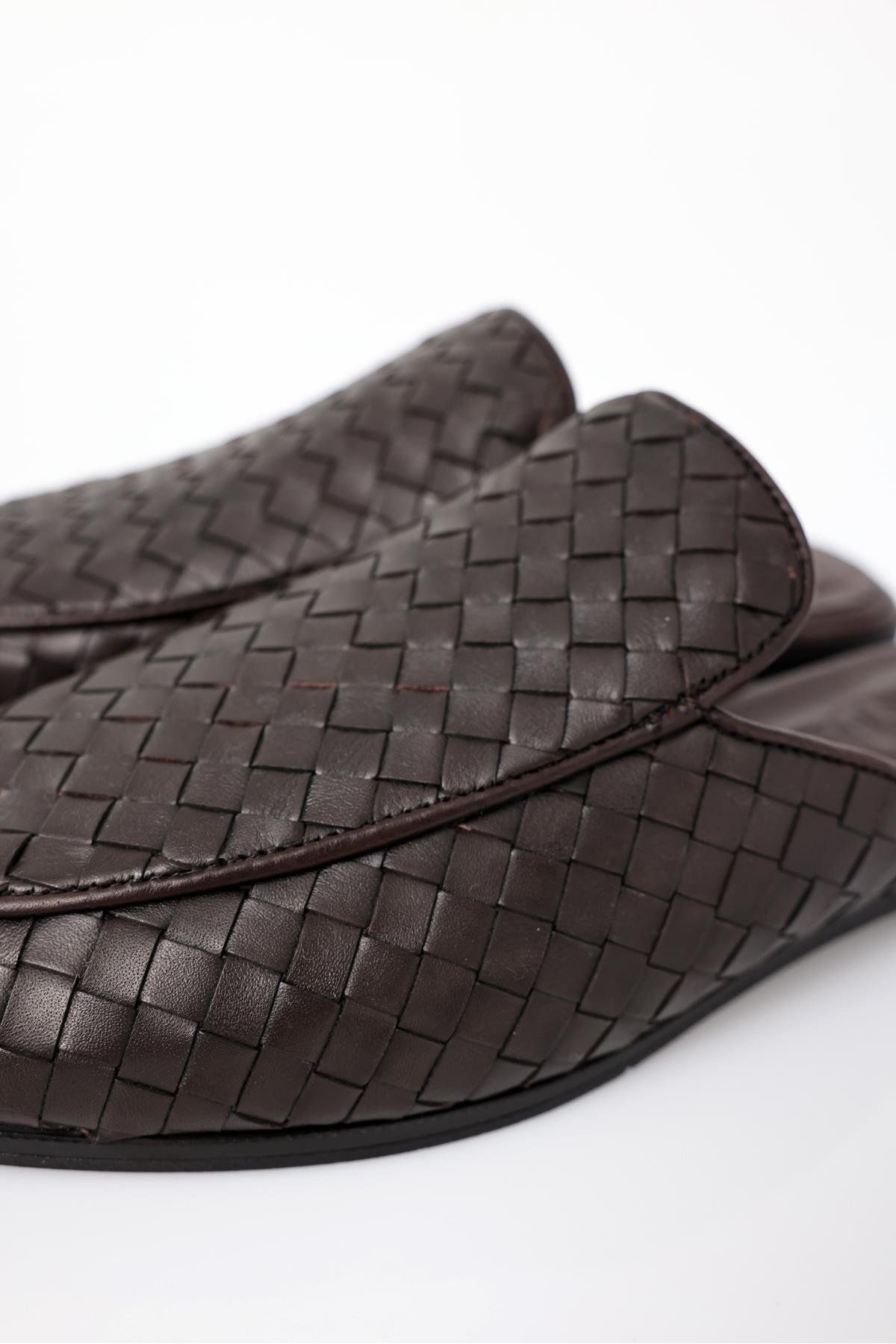 5in1Canpolat-Brown Leather Knitted Slippers 34310 5