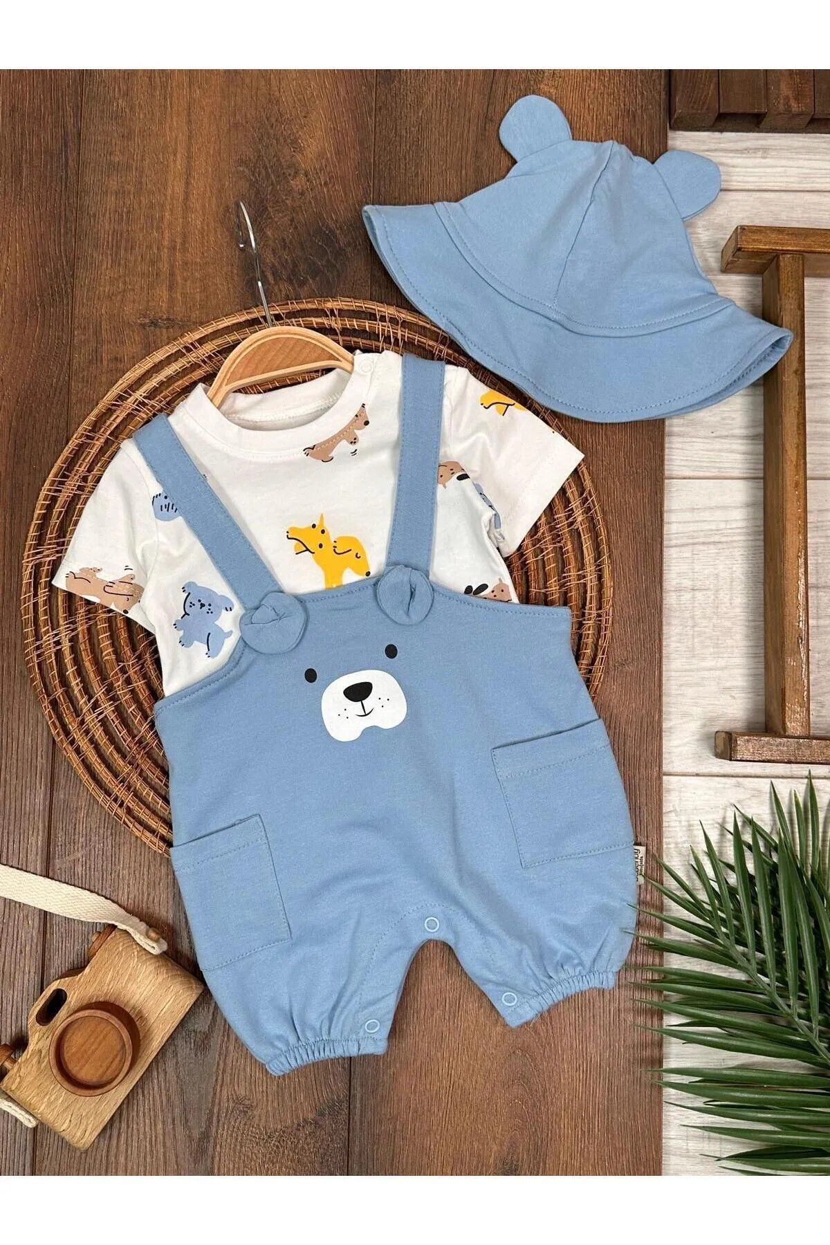 Lino Baby Sevimli Hayvan Baskılı Kulak Detaylı Şapkalı Salopet Ağdan Çıtçıtlı 3 Lü Yazlık ErkekBebek Takım