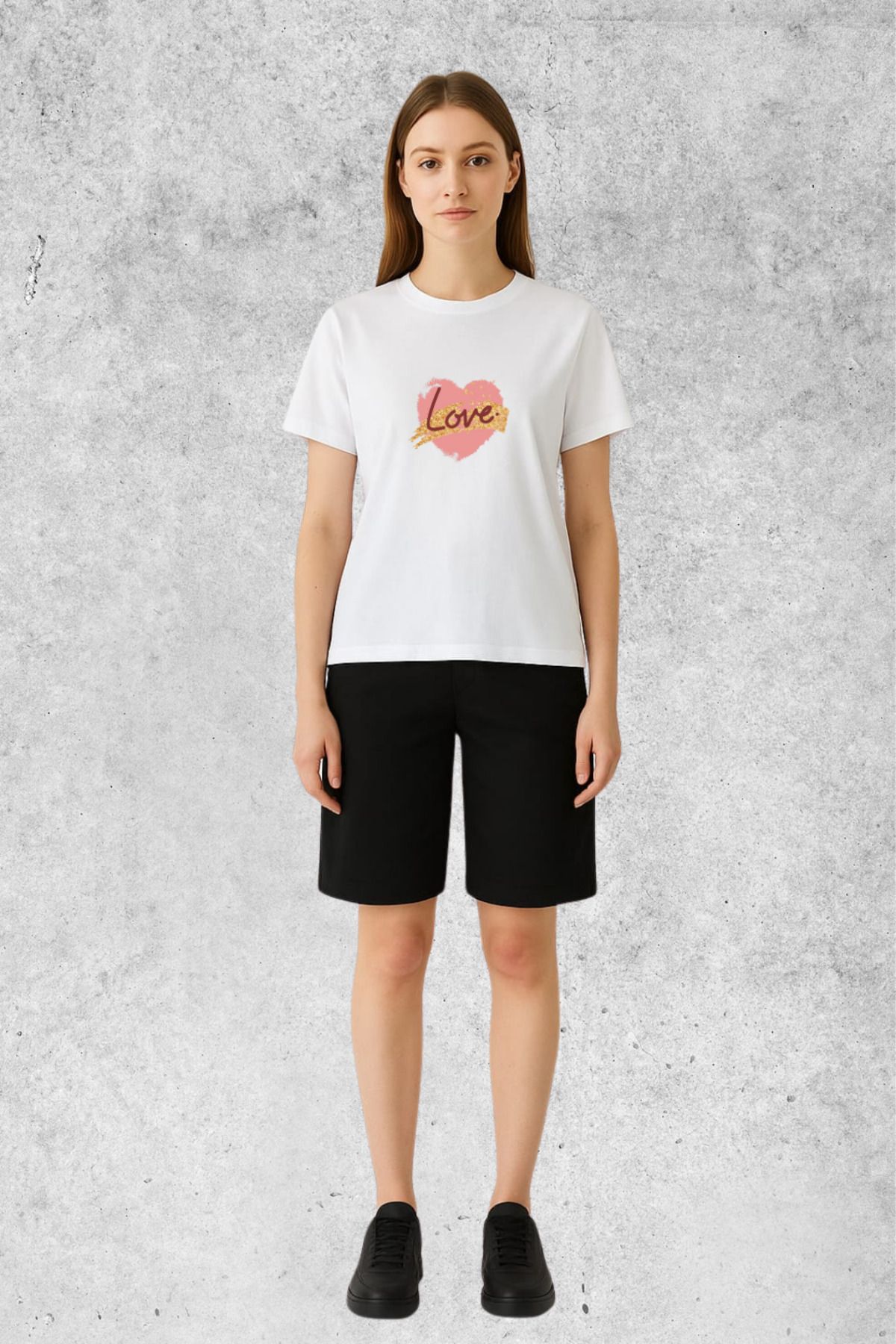 MOLICO Basic unisex sıfır yaka kısa kollu LOVE PEMBE KALP baskılı tshirt