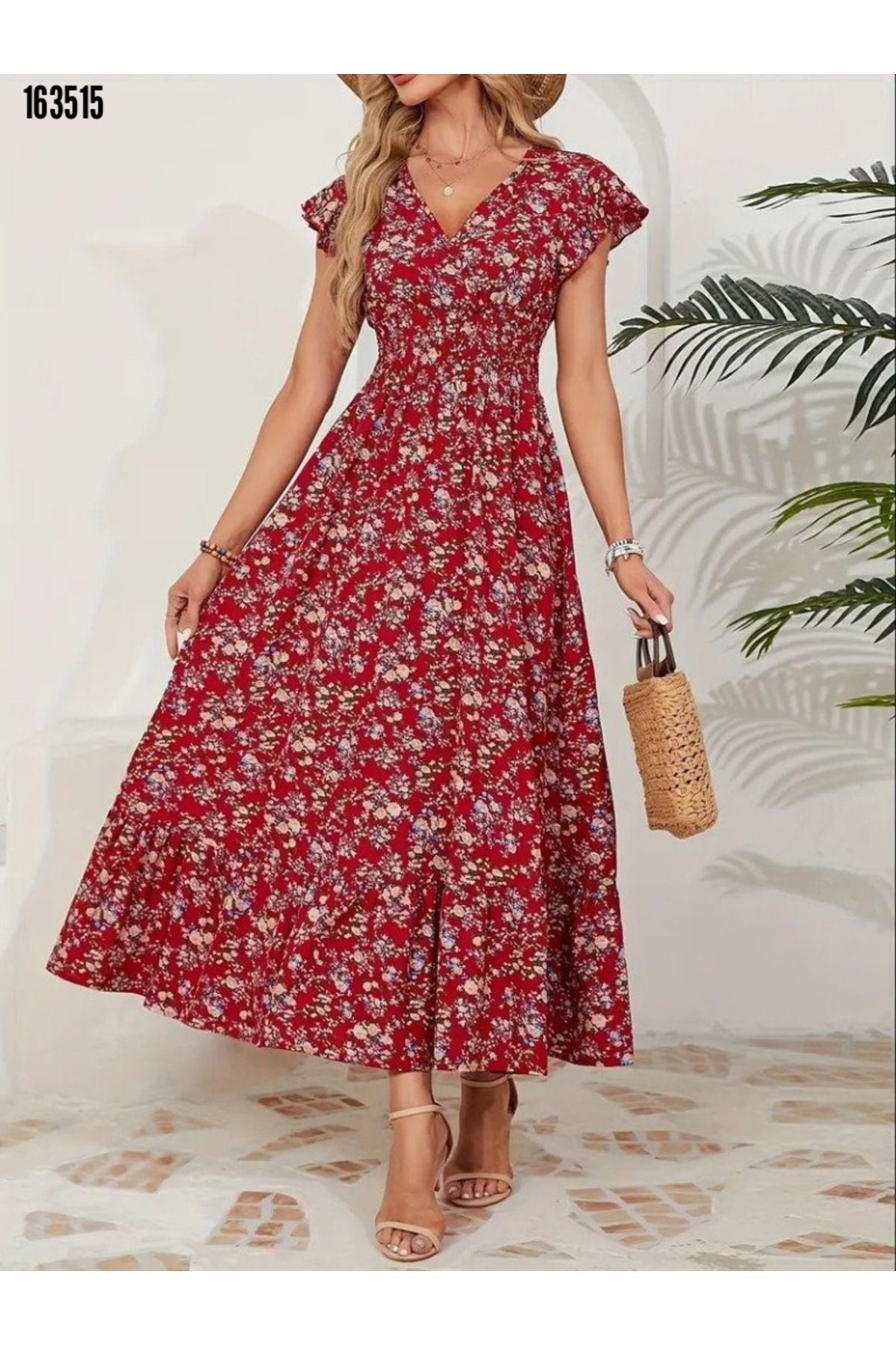 BZ Boutique Kısa Kollu Kruvaze Yaka Beli Lastikli Büyük Beden Çiçekli Elbise 163776