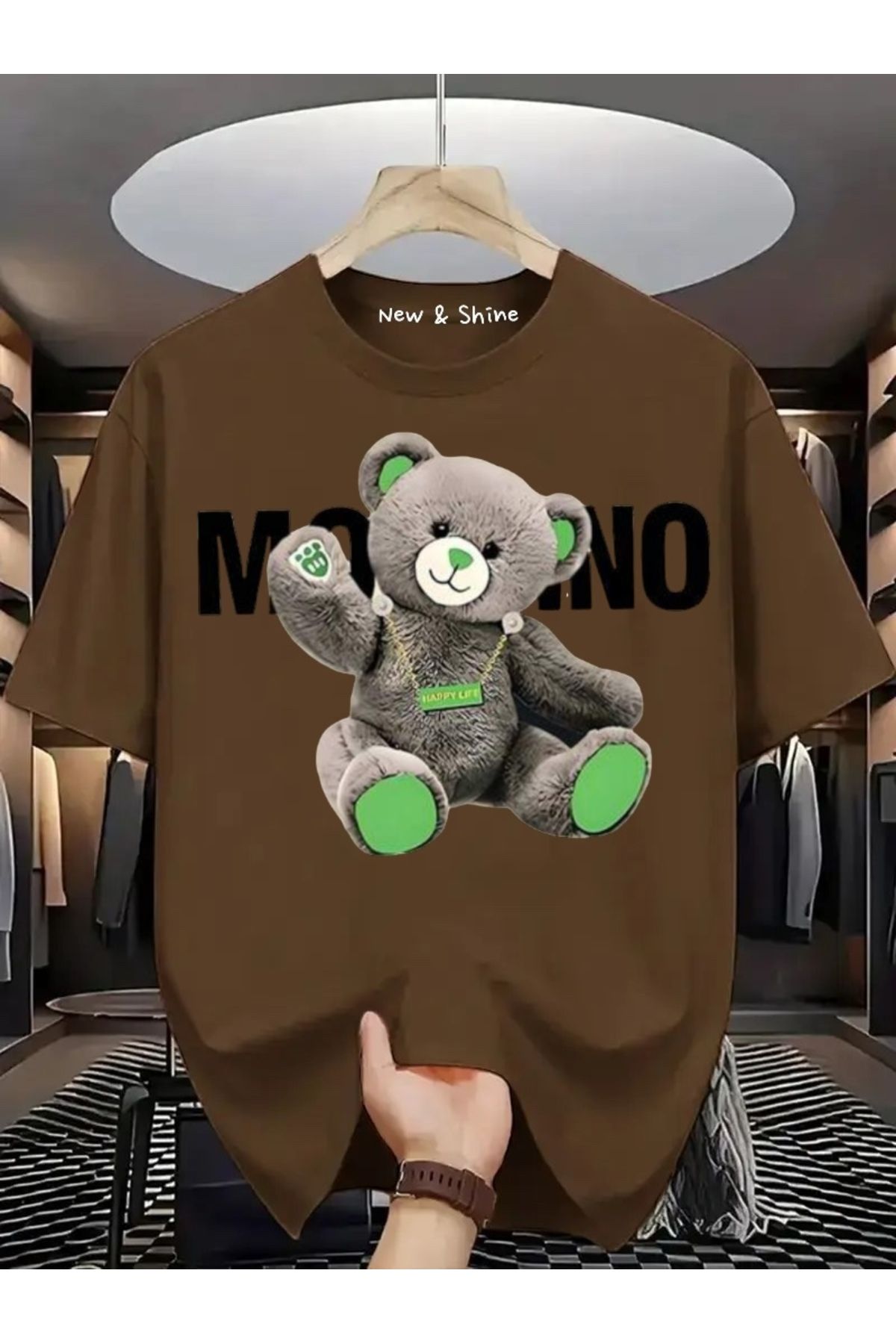 New Shine Gri Ayıcık Baskılı Oversize T-Shirt
