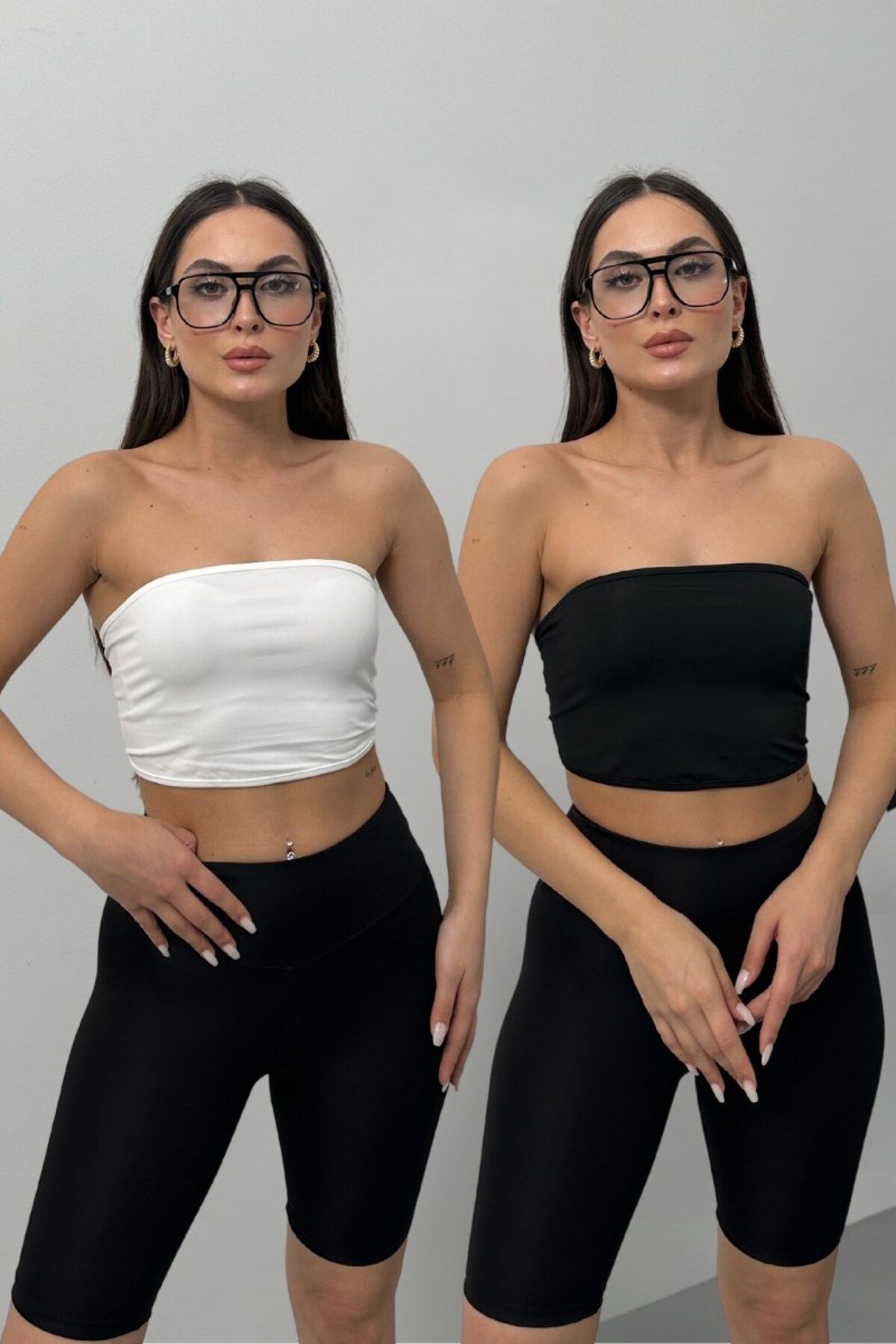 spirituel İkili Kadın Crop Top Straplez Basic Sırtı Kopçalı Büstiyer Siyah Beyaz