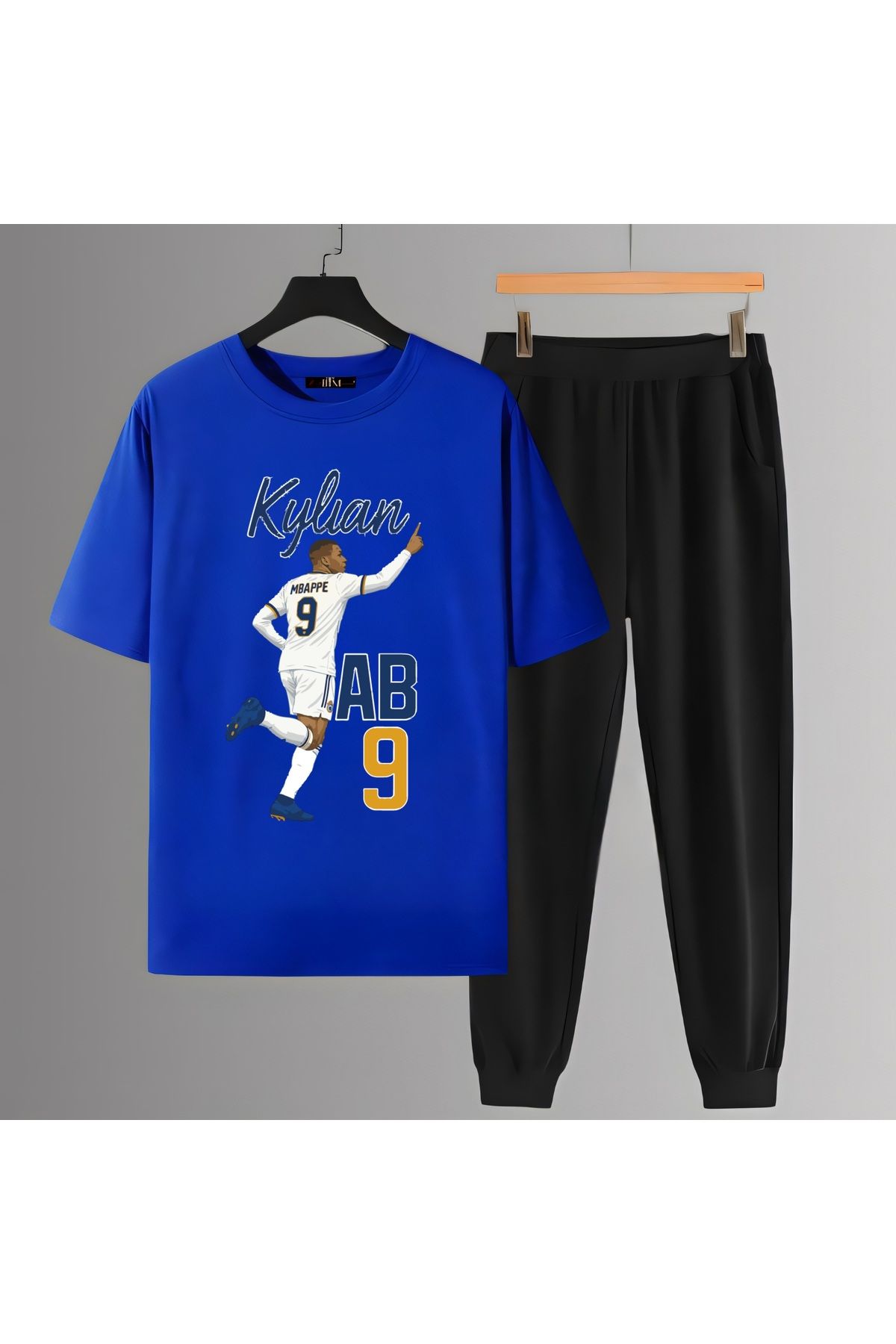 Biy Store Kylian Mbappe karikatür futbol forma baskılı unisex kısa kollu erkek tişört kadın tshirt şort takımı