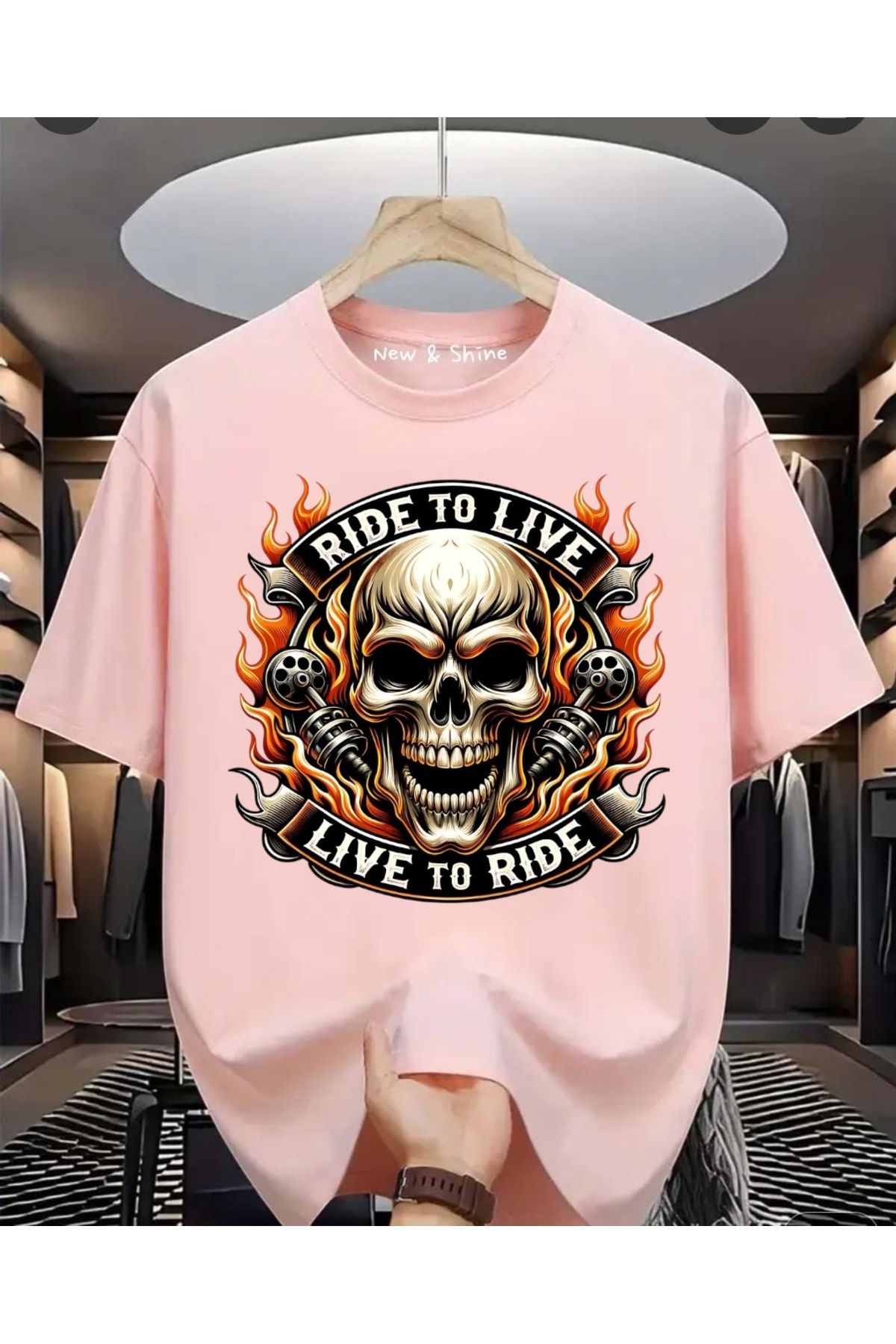 New Shine Ride or Live Baskılı Oversize T-Shirt